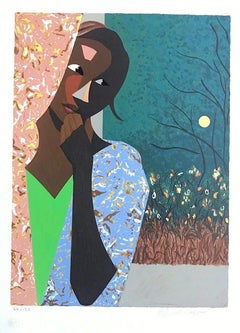 EVENING THOUGHTS Signed Lithograph, Young Black Woman, Color Collage Portrait