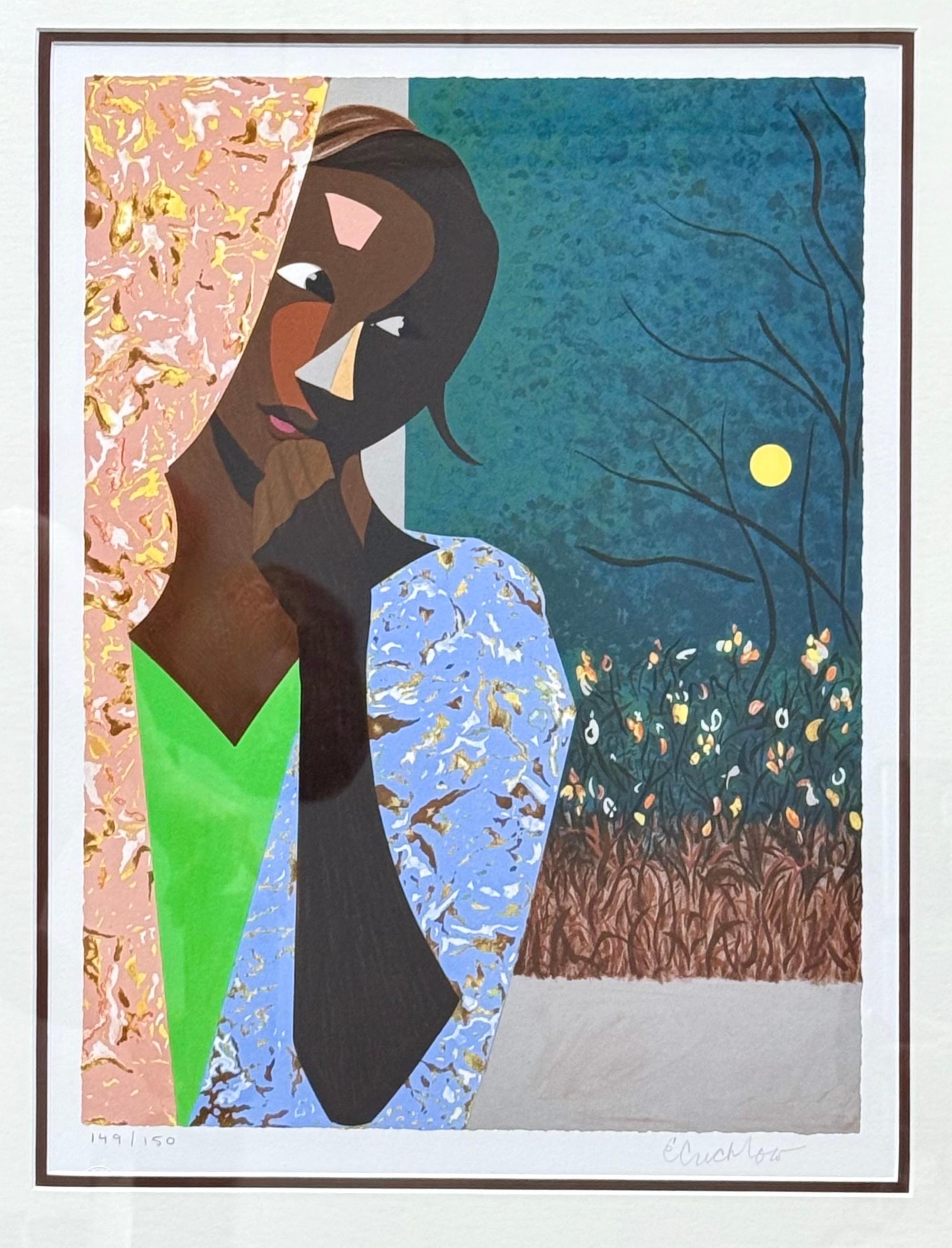 EVENING THOUGHTS Lithographie signée, jeune femme noire, portrait en collage couleur - Print de Ernest Crichlow
