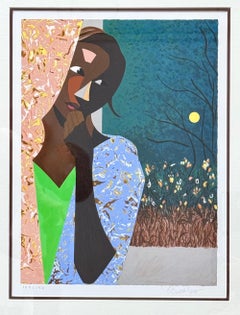 EVENING THOUGHTS Signed Lithograph, Young Black Woman, Color Collage Portrait