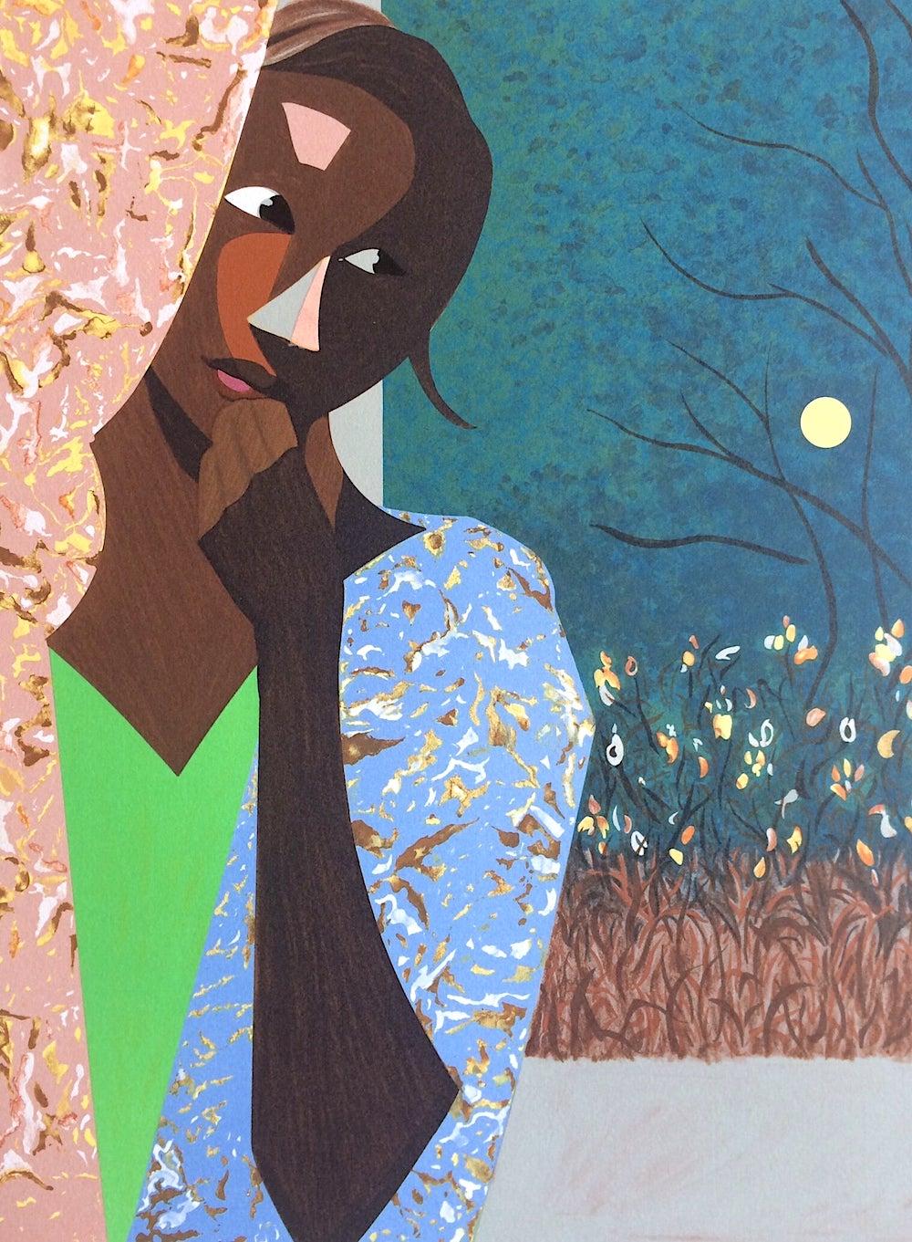 EVENING THOUGHTS Signierte Lithographie, Junge schwarze Frau, Farbcollage Portrait (Zeitgenössisch), Print, von Ernest Crichlow