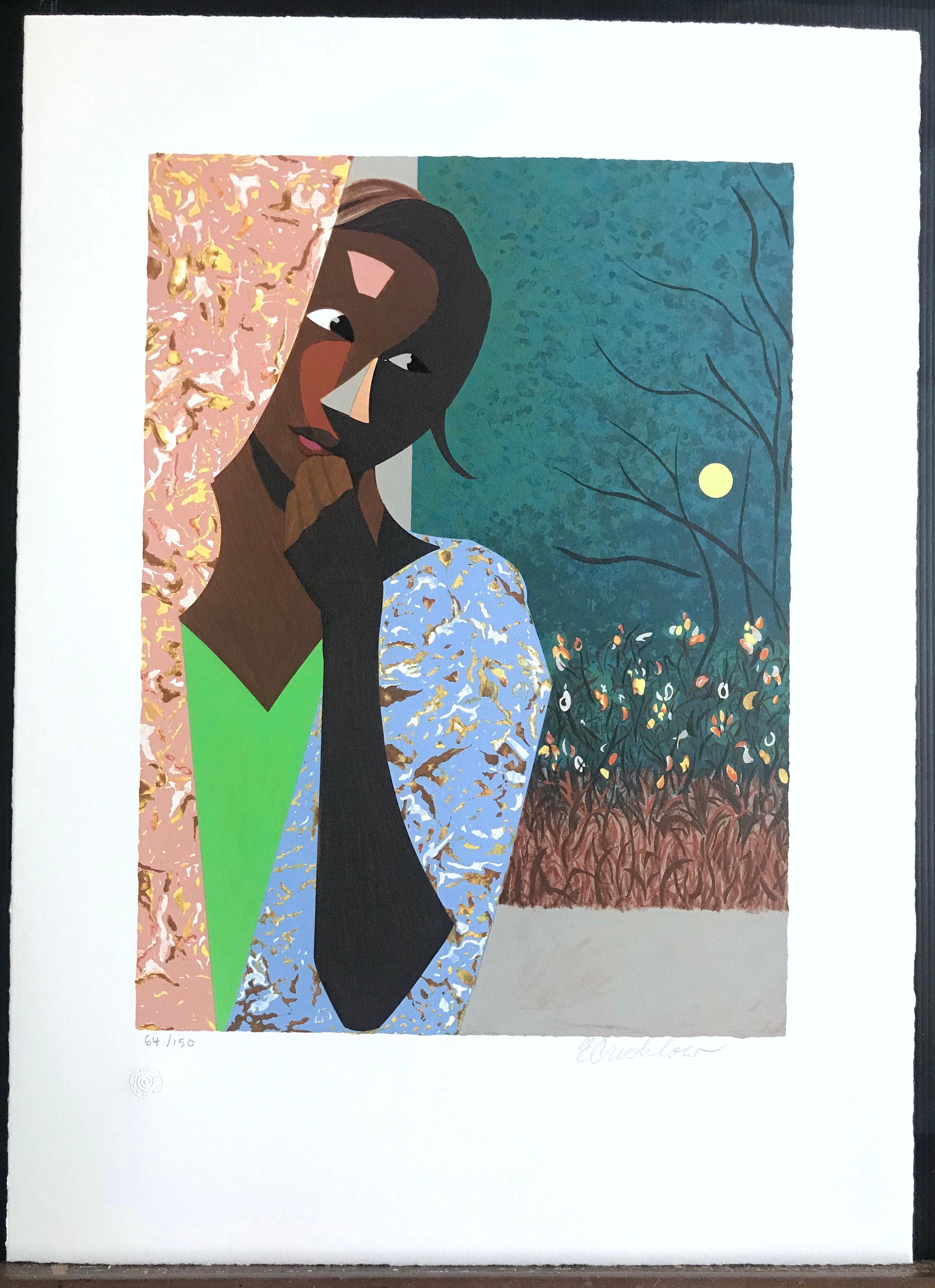 EVENING THOUGHTS Signierte Lithographie, Junge schwarze Frau, Farbcollage Portrait im Angebot 1