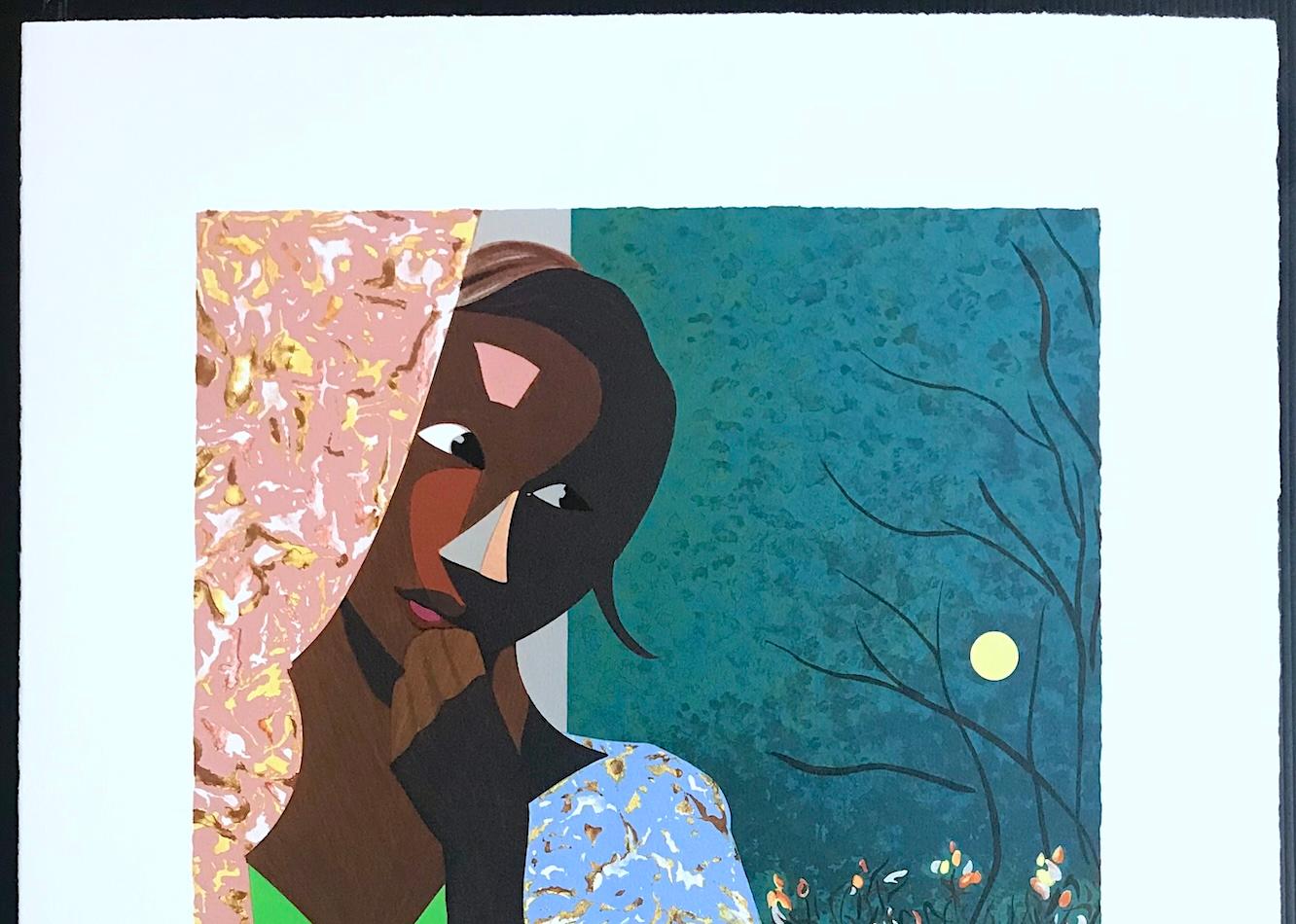 EVENING THOUGHTS Signierte Lithographie, Junge schwarze Frau, Farbcollage Portrait im Angebot 2