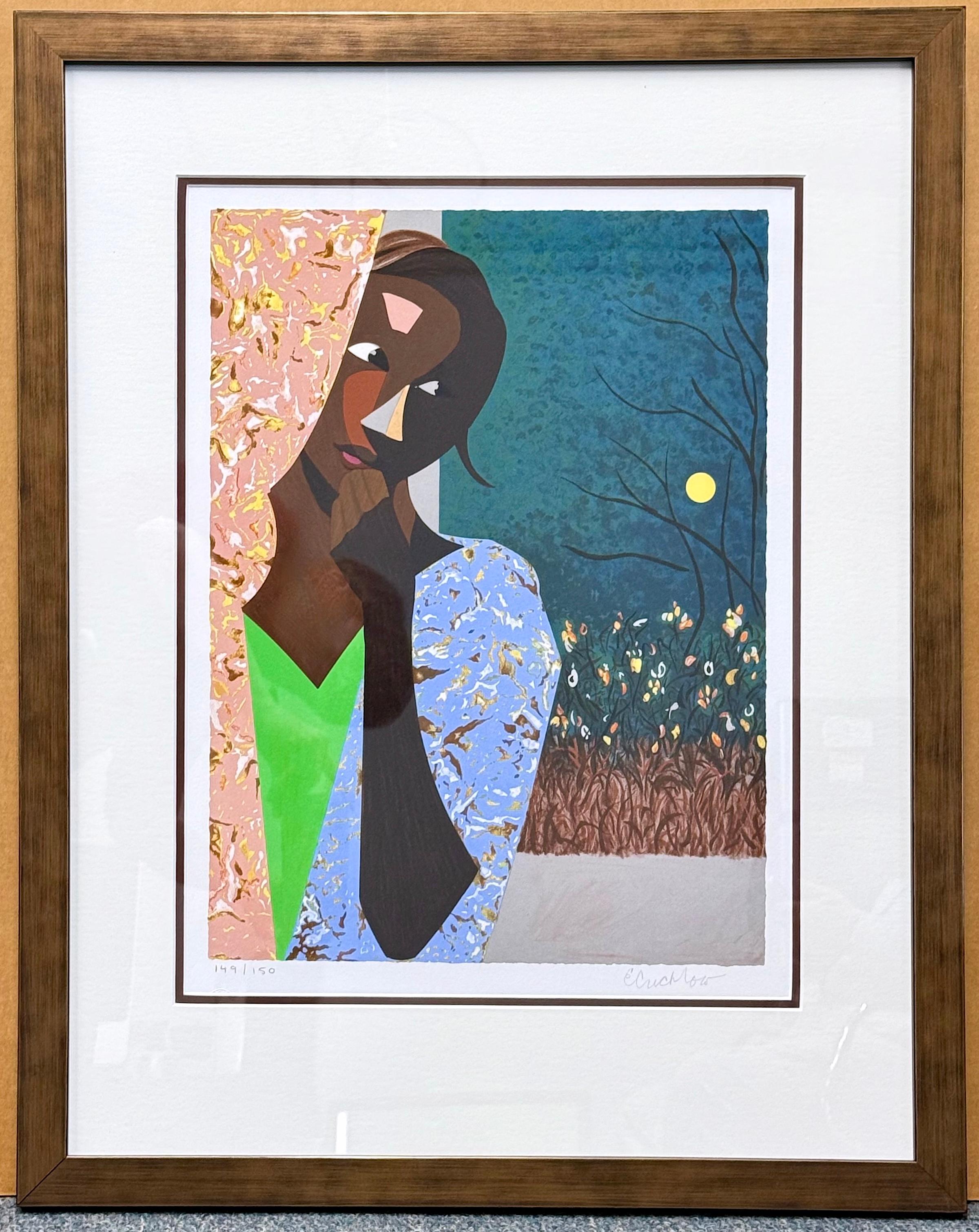 EVENING THOUGHTS Lithographie signée, jeune femme noire, portrait en collage couleur en vente 2