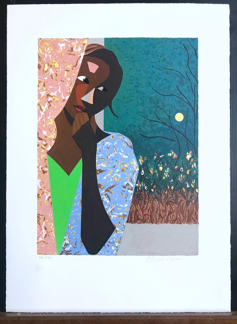 EVENING THOUGHTS Signierte Lithographie, Junge schwarze Frau, Farbcollage Portrait im Angebot 4