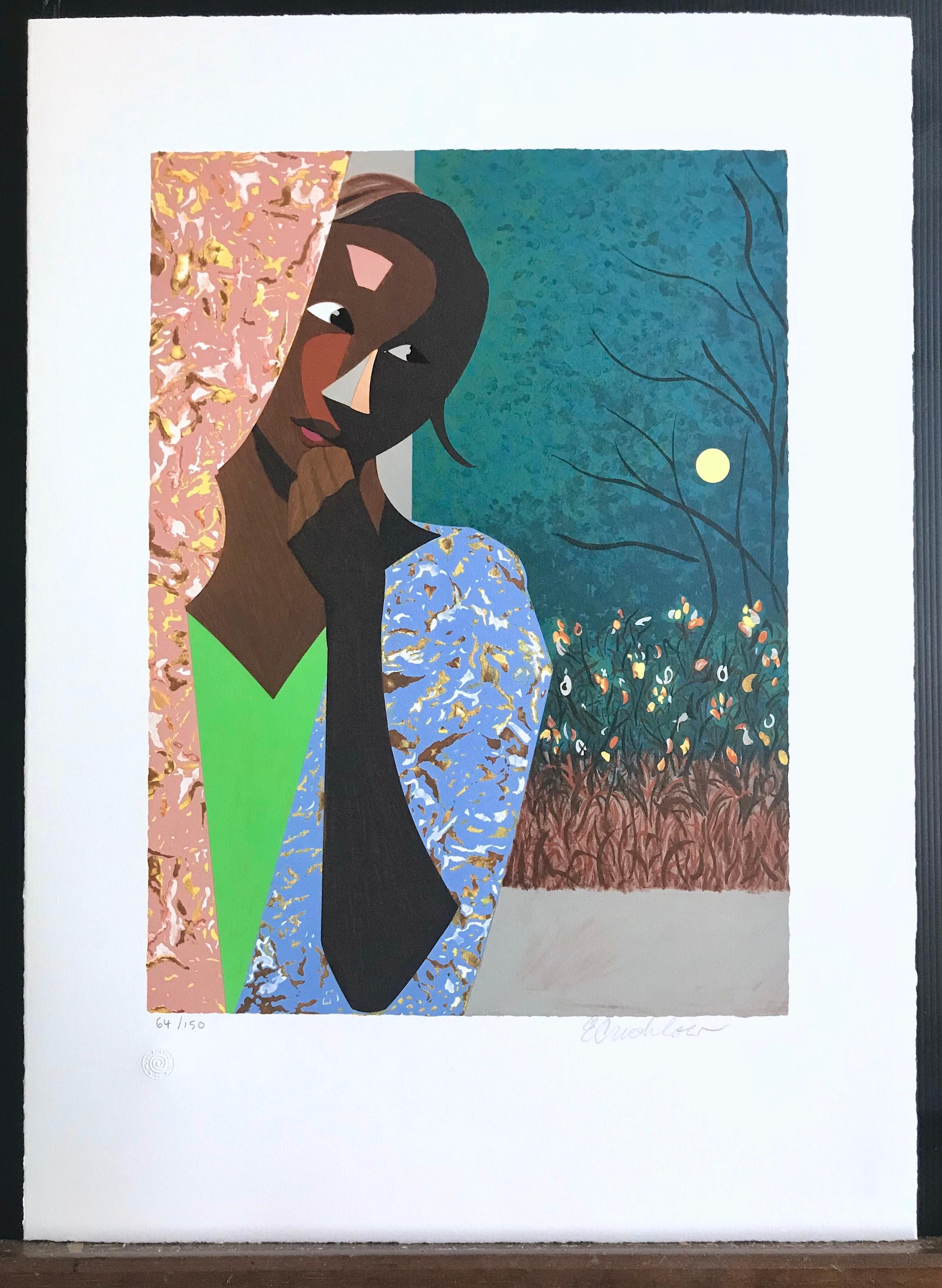 EVENING THOUGHTS Lithographie signée, jeune femme noire, portrait en collage couleur en vente 4