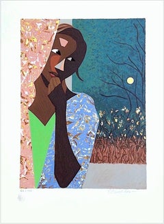 PENSIERI SERALI Litografia firmata, Giovane donna nera, ritratto a collage a colori