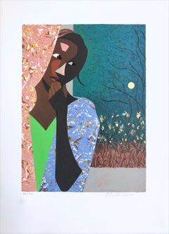 PENSAMIENTOS DE NOCHE Litografía firmada, Mujer negra joven, Retrato collage en color