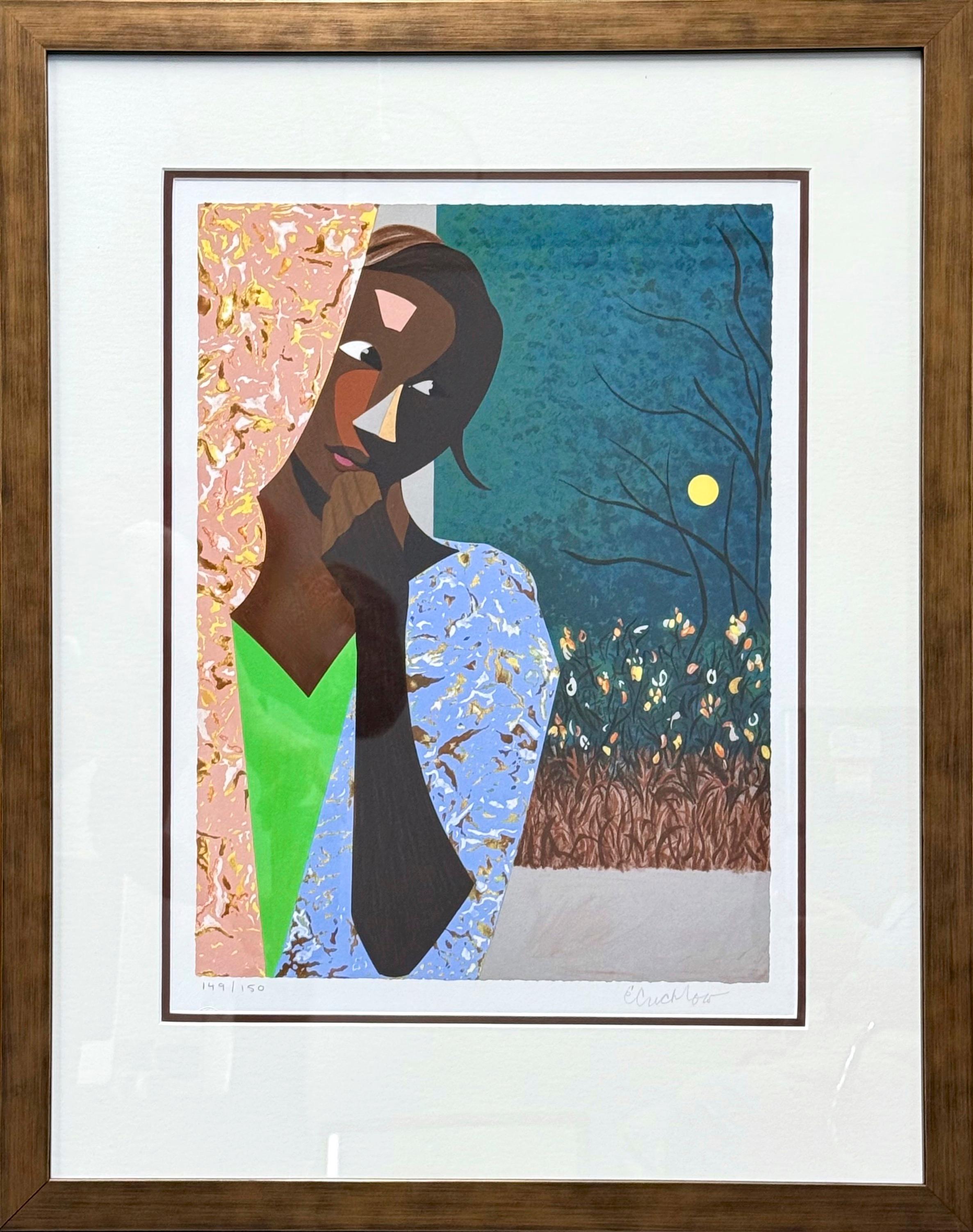 PENSIERI SERALI Litografia firmata, Giovane donna nera, ritratto a collage a colori