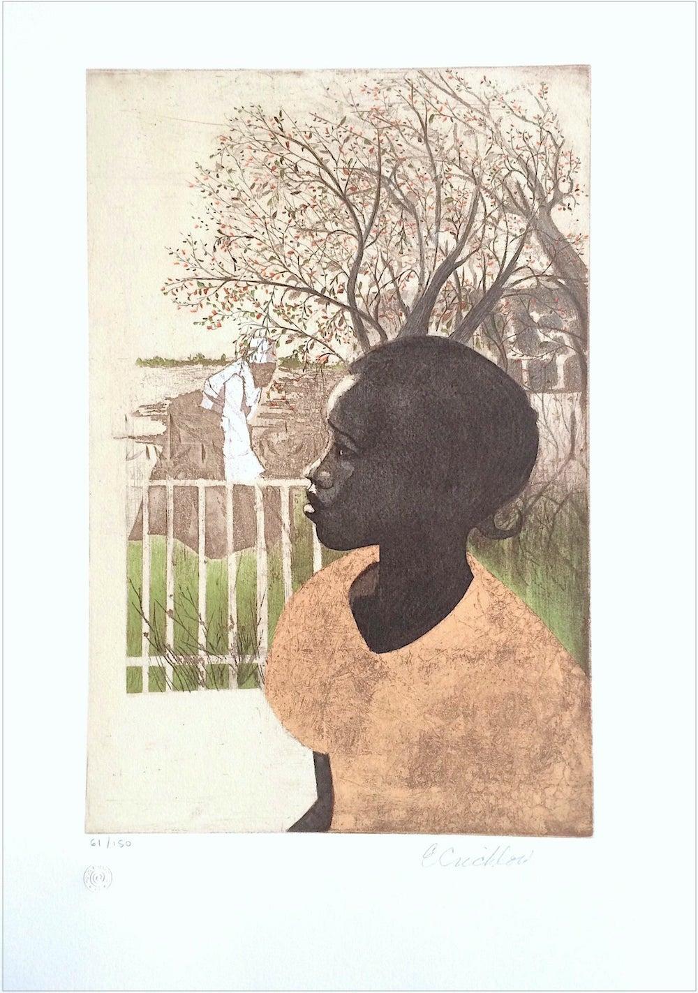 NEW DREAMS Signed Lithograph, Black History, African American Women - Beige Figurative Print by Ernest Crichlow