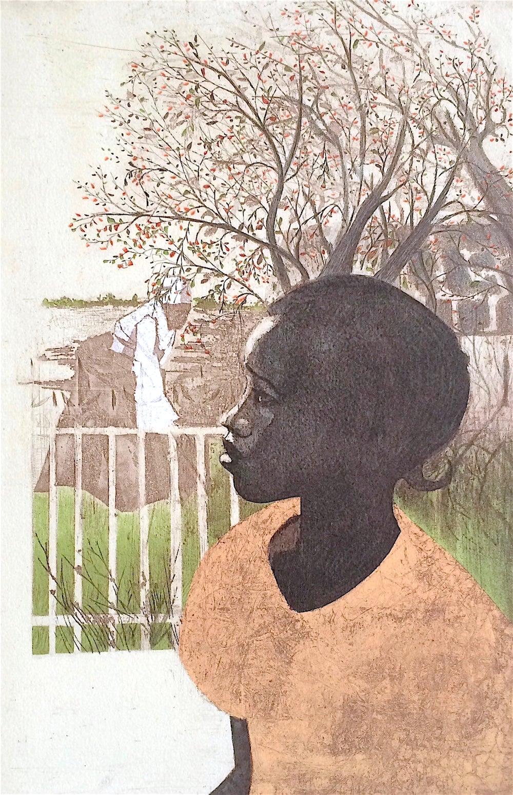 NEU DREAMS, signierte Lithographie, Porträt eines schwarzen Mädchens, afroamerikanische Geschichte – Print von Ernest Crichlow