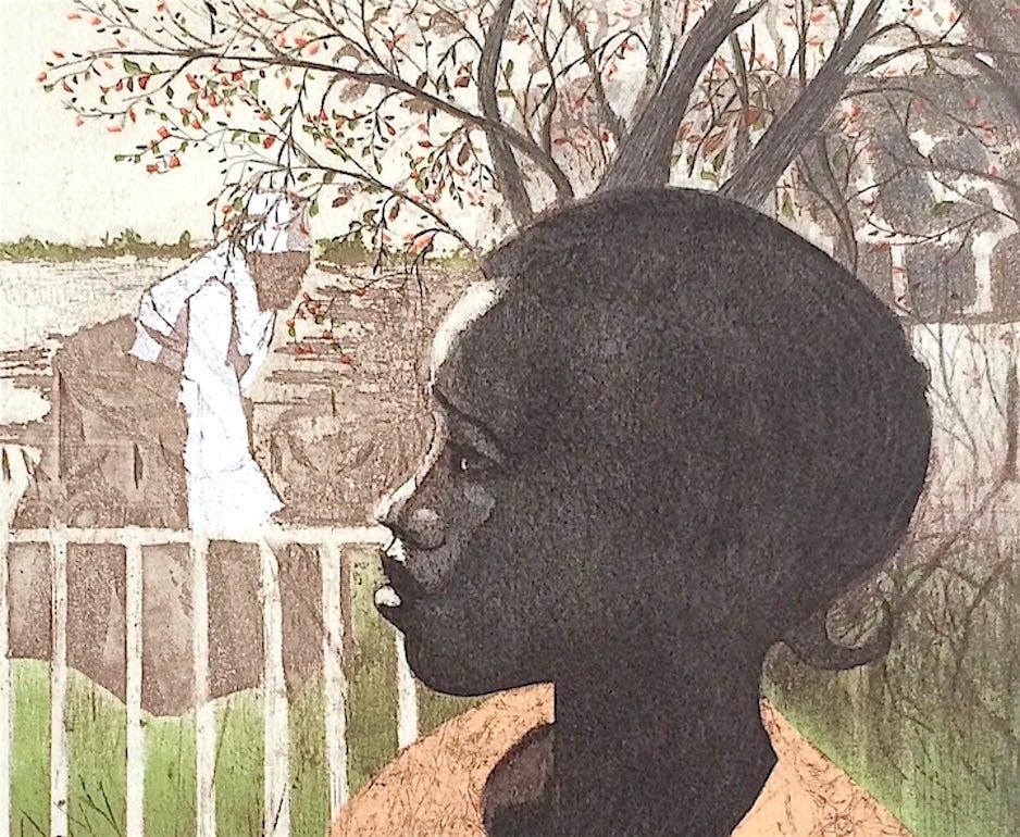 NEW DREAMS Signed Lithograph Young Black Girl Portrait, African American History - Contemporary Print by Ernest Crichlow