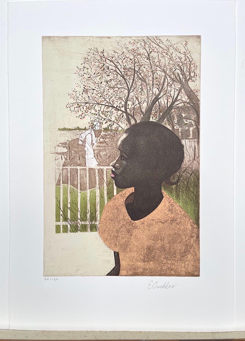 NEW DREAMS Signed Lithograph Young Black Girl Portrait, African American History - Contemporary Print by Ernest Crichlow