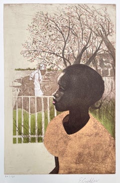 NUEVOS SUEÑOS Litografía firmada Retrato de joven negra, Historia afroamericana