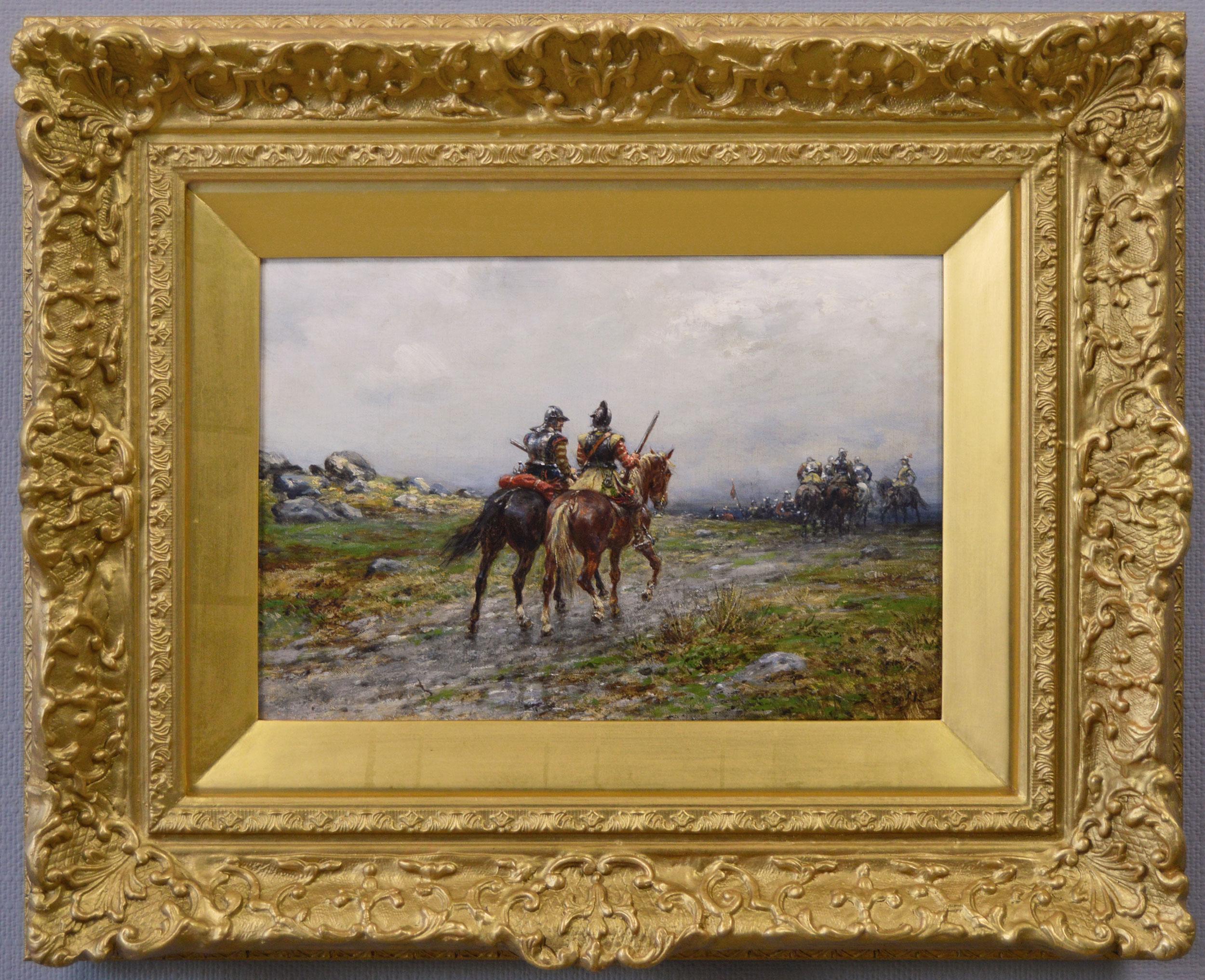 Peinture à l'huile de genre historique du 19e siècle représentant des soldats anglais de la guerre civile