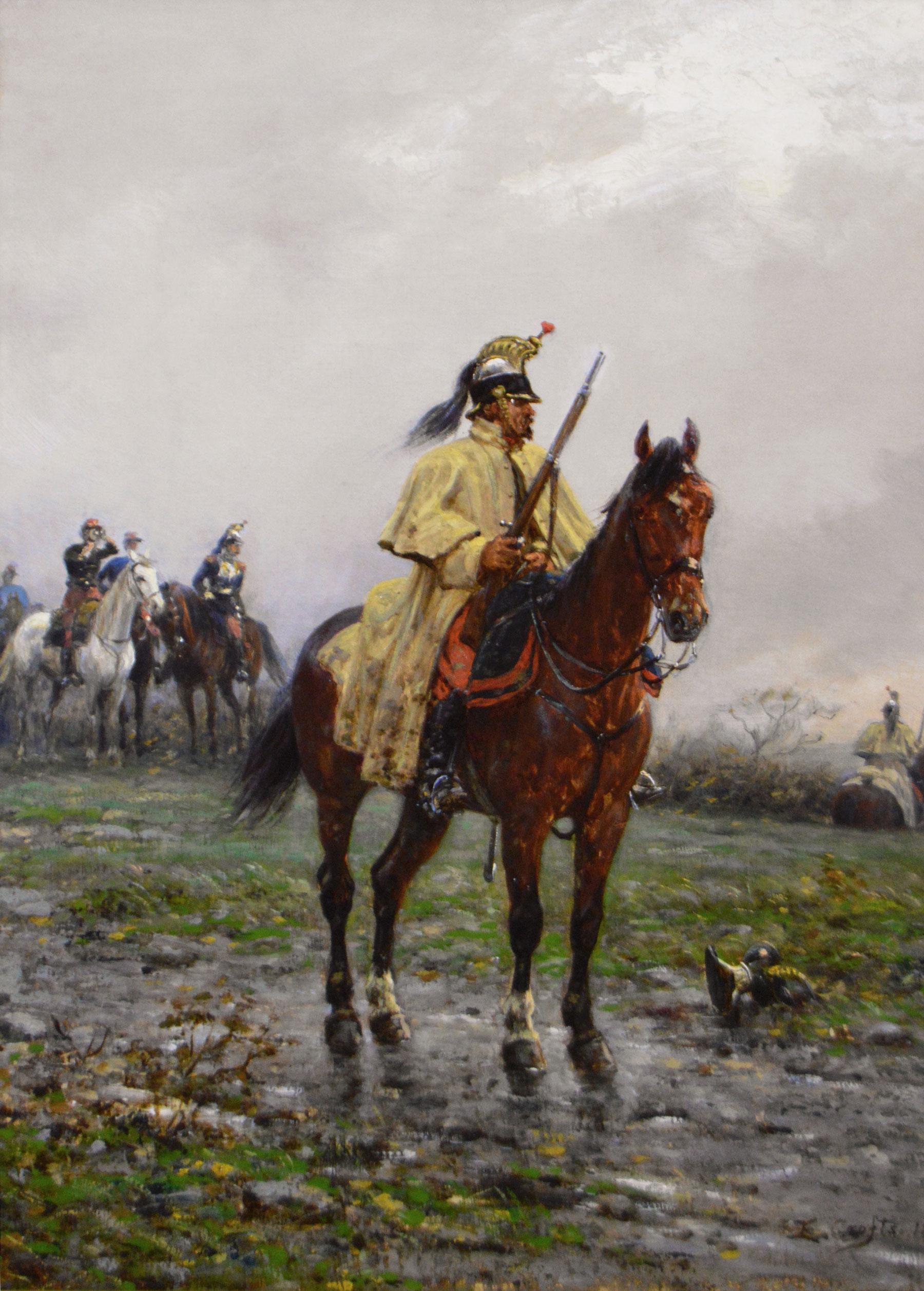Peinture à l'huile historique du 19e siècle représentant un Cuirassier français sur un cheval - Painting de Ernest Crofts