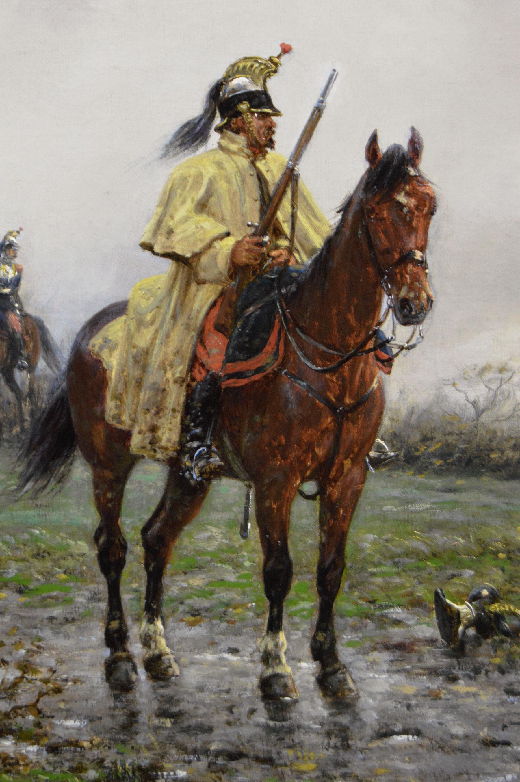 Peinture à l'huile historique du 19e siècle représentant un Cuirassier français sur un cheval - Marron Animal Painting par Ernest Crofts