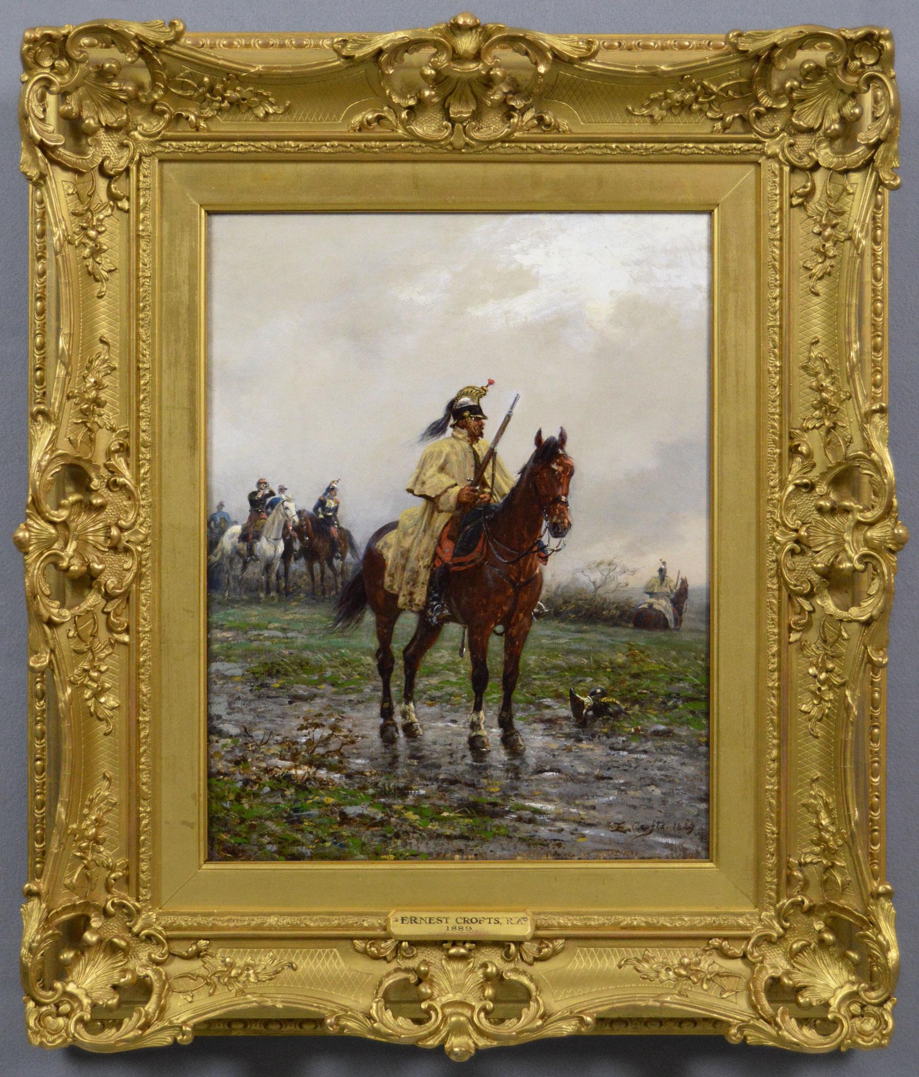 Historisches Militär-Ölgemälde eines französischen Cuirassier auf einem Pferd aus dem 19. Jahrhundert