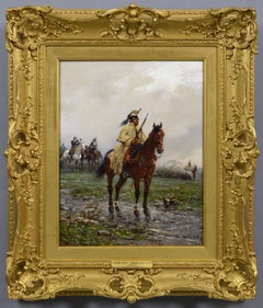 Peinture à l'huile historique du 19e siècle représentant un Cuirassier français sur un cheval