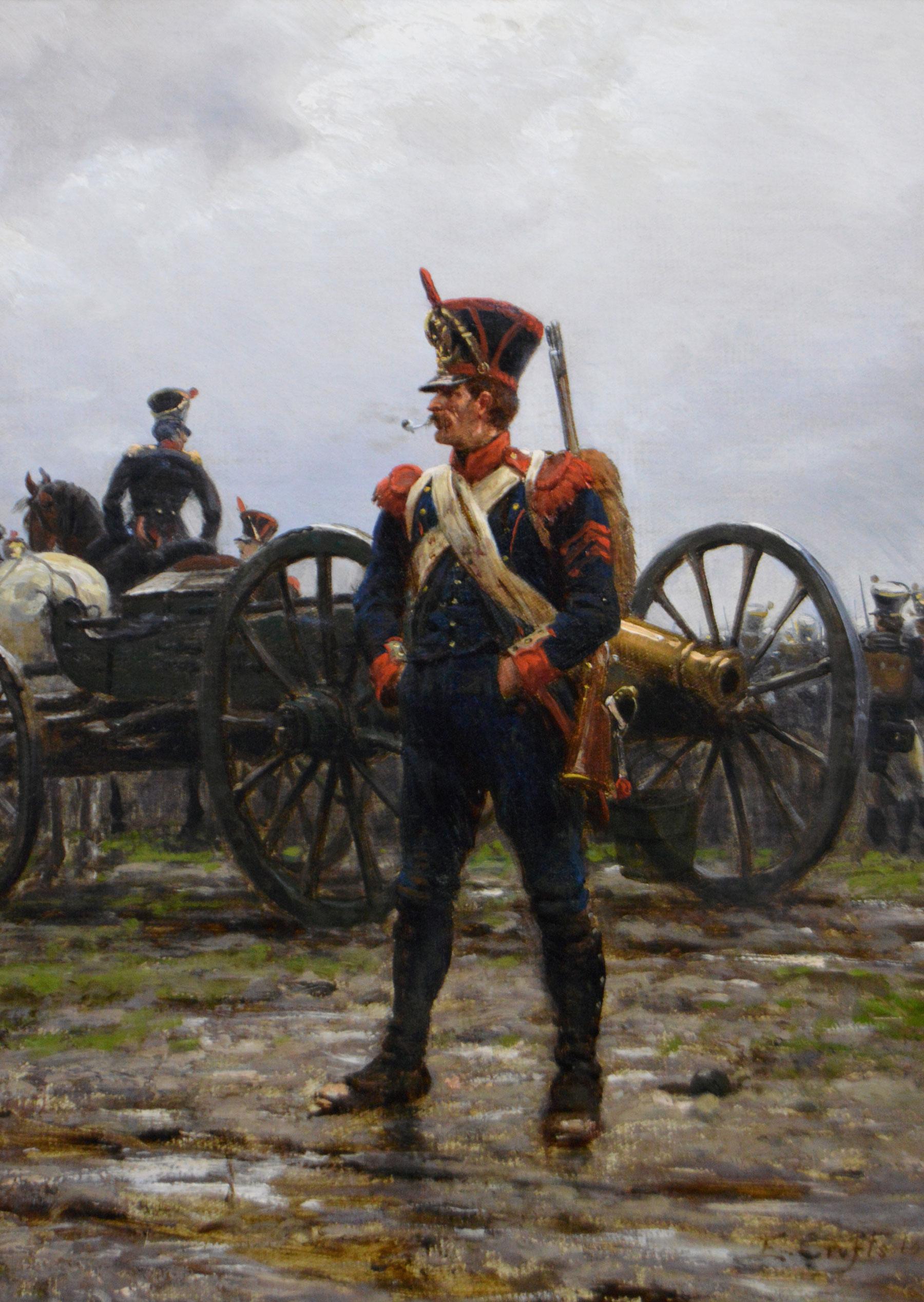 Historisches militärisches Ölgemälde eines napoleonischen Artilleriesoldaten aus dem 19. – Painting von Ernest Crofts