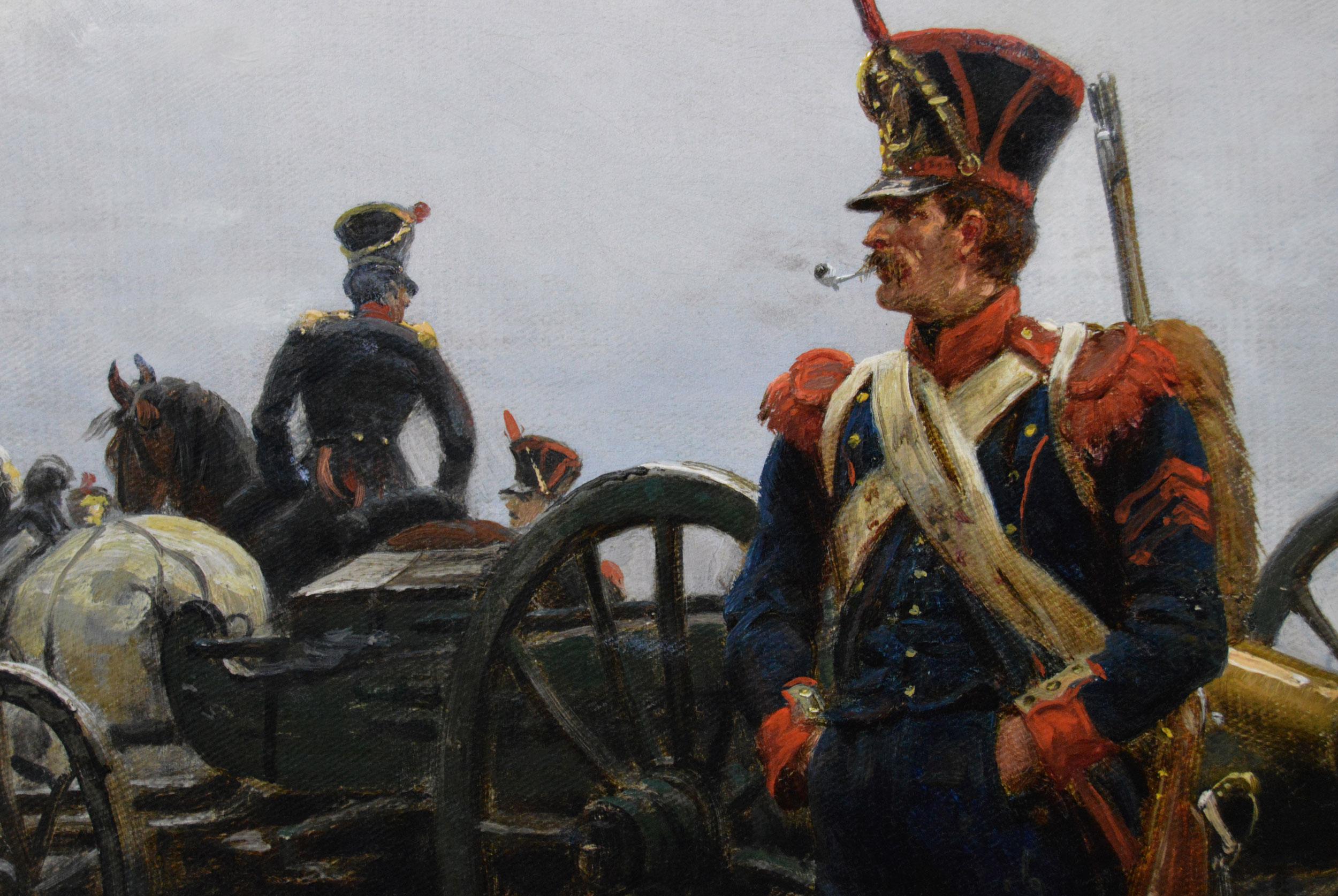 Historisches militärisches Ölgemälde eines napoleonischen Artilleriesoldaten aus dem 19. (Braun), Figurative Painting, von Ernest Crofts