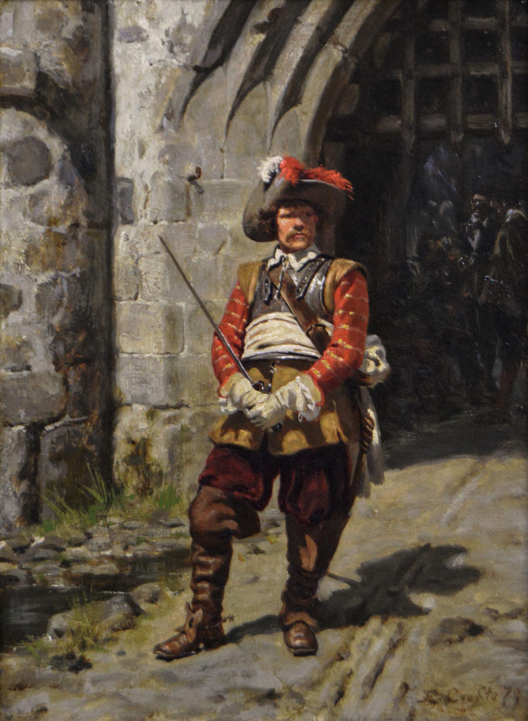 Dipinto a olio storico militare del XIX secolo raffigurante un soldato roundhead - Painting di Ernest Crofts