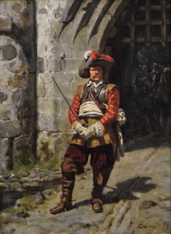 19th Century historical military oil painting of a roundhead soldier