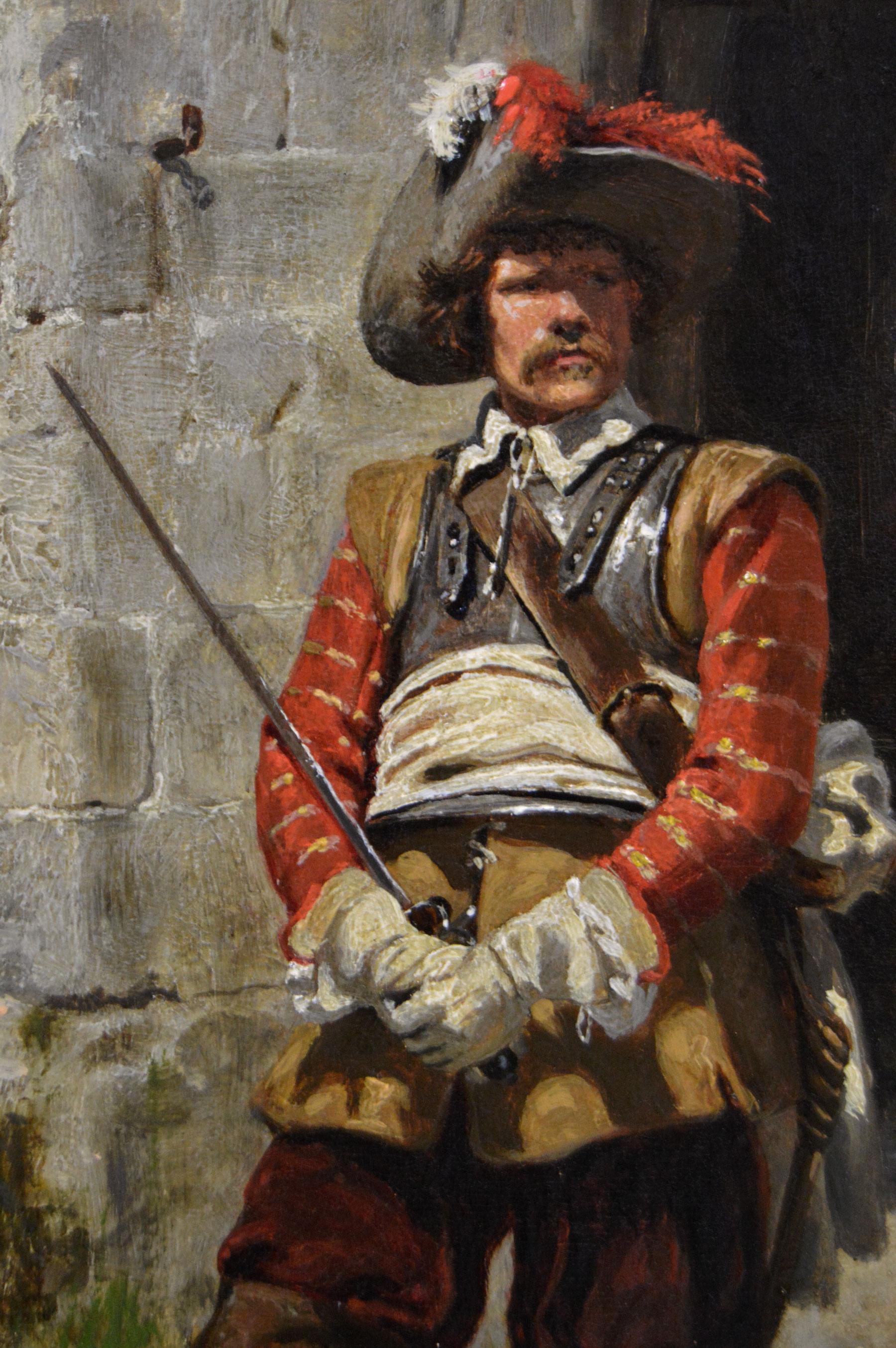 Dipinto a olio storico militare del XIX secolo raffigurante un soldato roundhead - Figurative Painting Marrone di Ernest Crofts