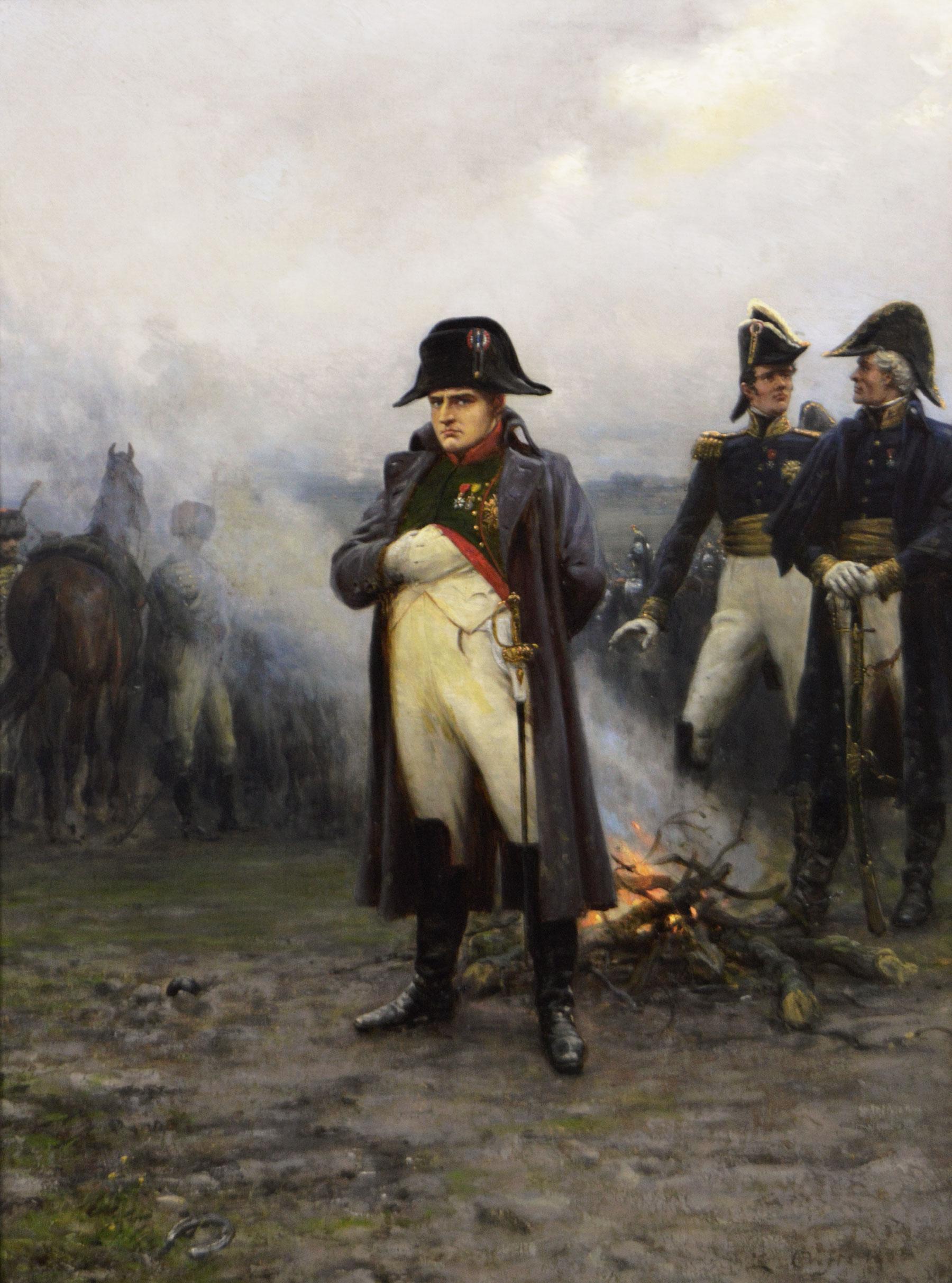 Dipinto a olio storico militare del XIX secolo raffigurante Napoleone prima di Waterloo - Painting di Ernest Crofts