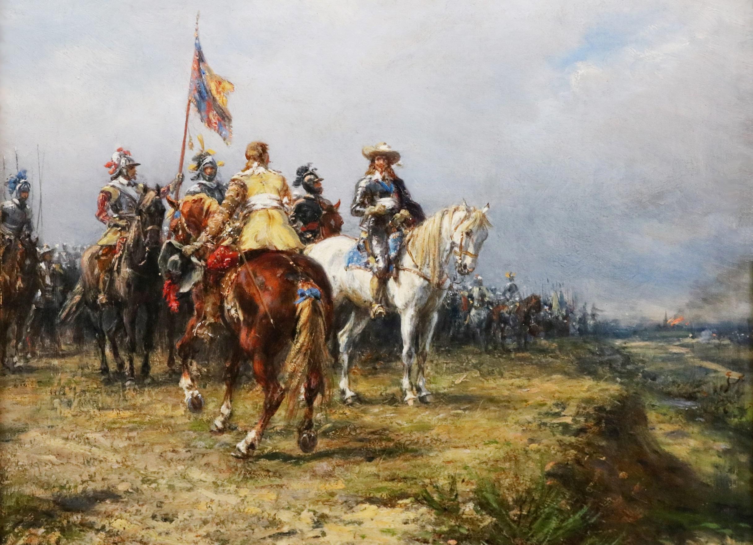 Charles I+I à Edgehill - Peinture à l'huile du XIXe siècle Scène de bataille de la guerre civile anglaise 1