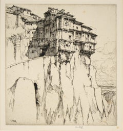 "Cuenca - Die Klippenbewohner" Antike Radierung der Casas Colgadas