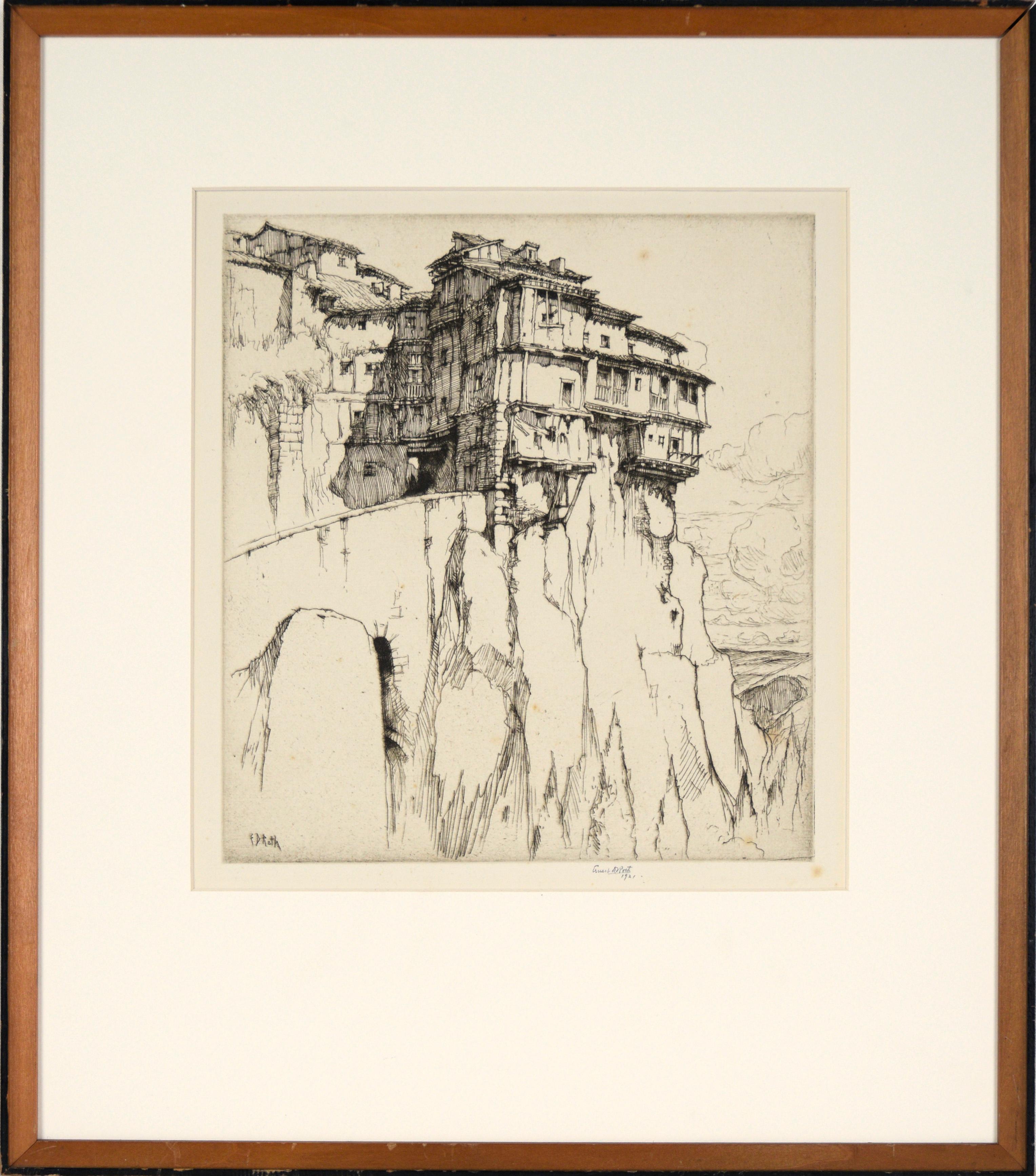 Ernest David Roth Landscape Print - "Cuenca - The Cliff Dwellers" Antique Etching of the Casas Colgadas