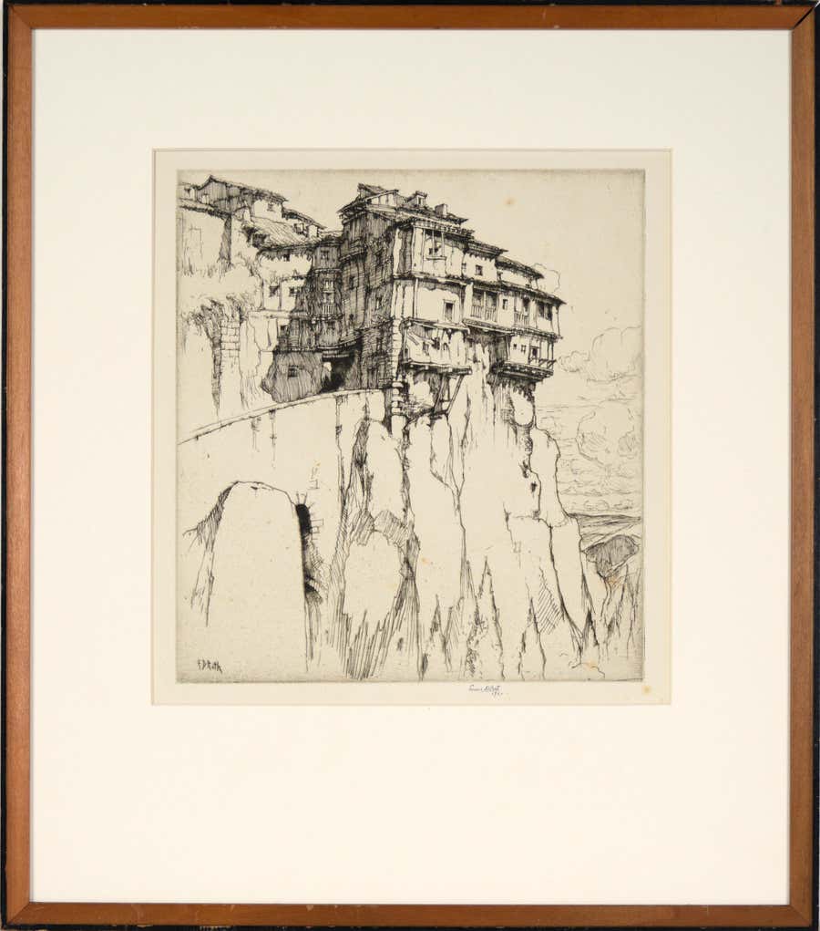 "Cuenca - The Cliff Dwellers" Antique Etching of the Casas Colgadas
