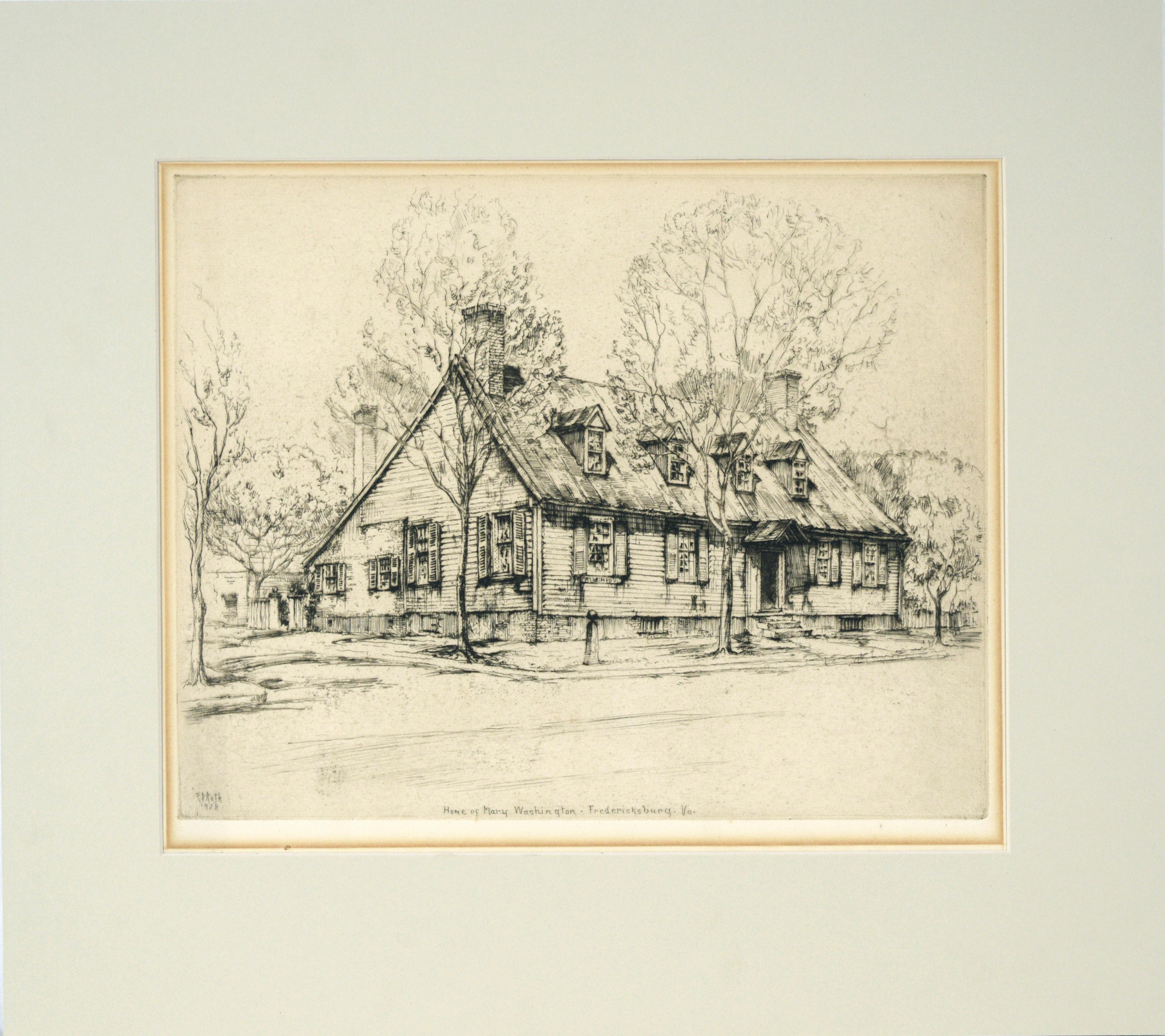 "Home of Mary Washington" Antique Fredericksburg. Virginia Etching