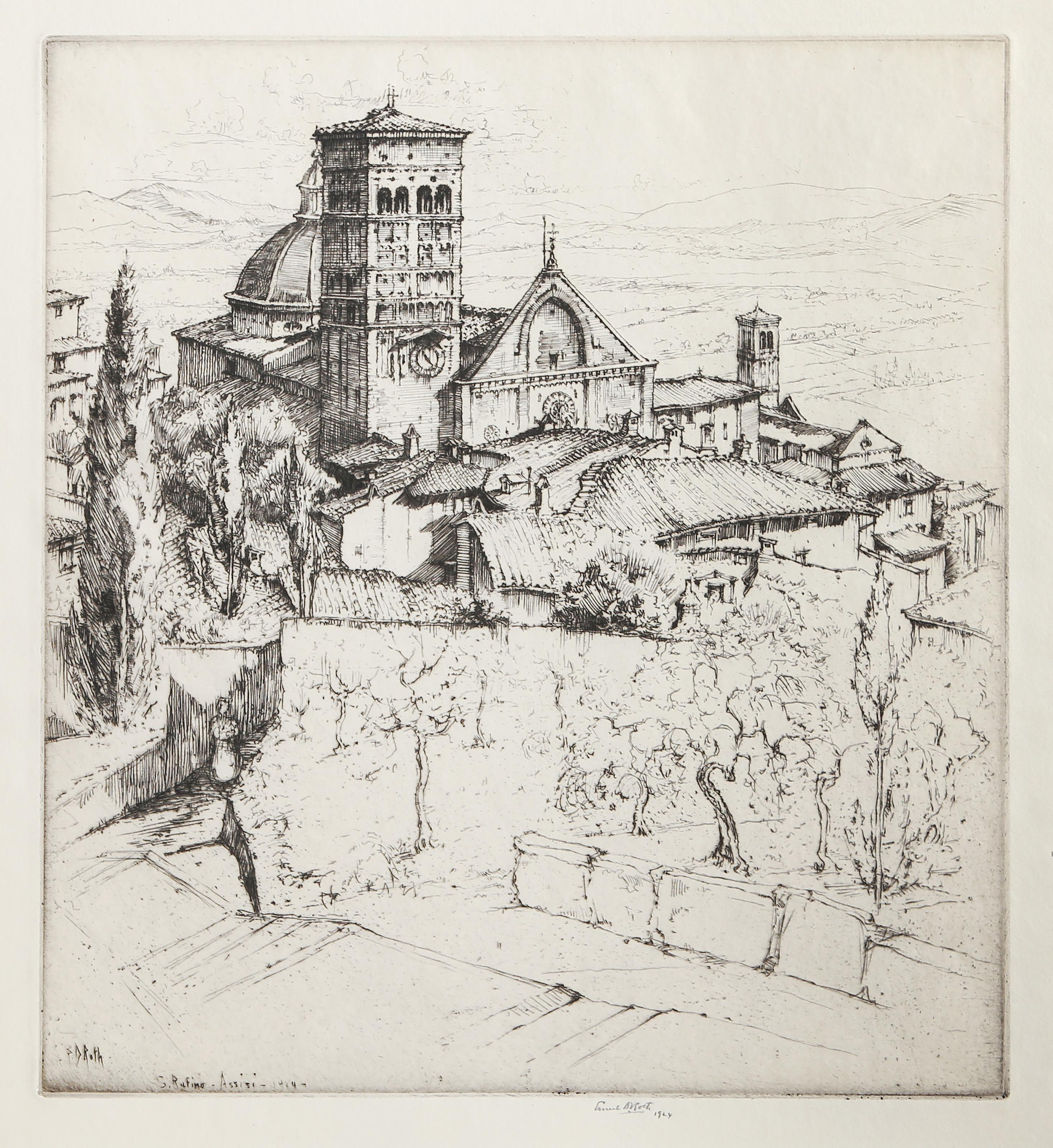 San Rufino, Assisi
Ernest David Roth, German/American (1879–1964)
Date: 1924
Etching on laid paper, signed and dated in pencil
Image Size: 10.75 x 9.75 inches
Size: 14.5 x 13 in. (36.83 x 33.02 cm)