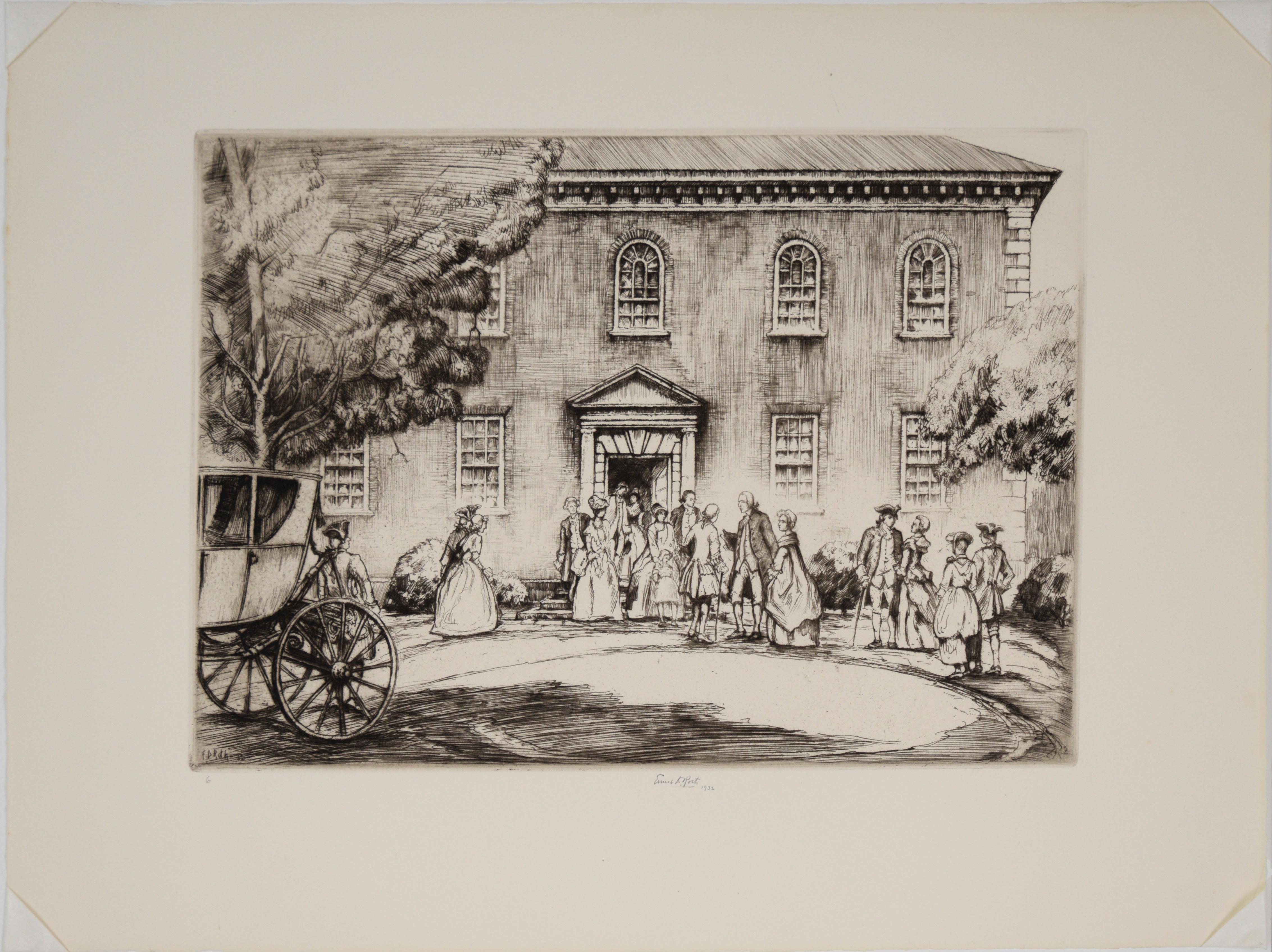 Washington en la iglesia de Pohick - 1932 Aguafuerte sobre papel - Print de Ernest David Roth