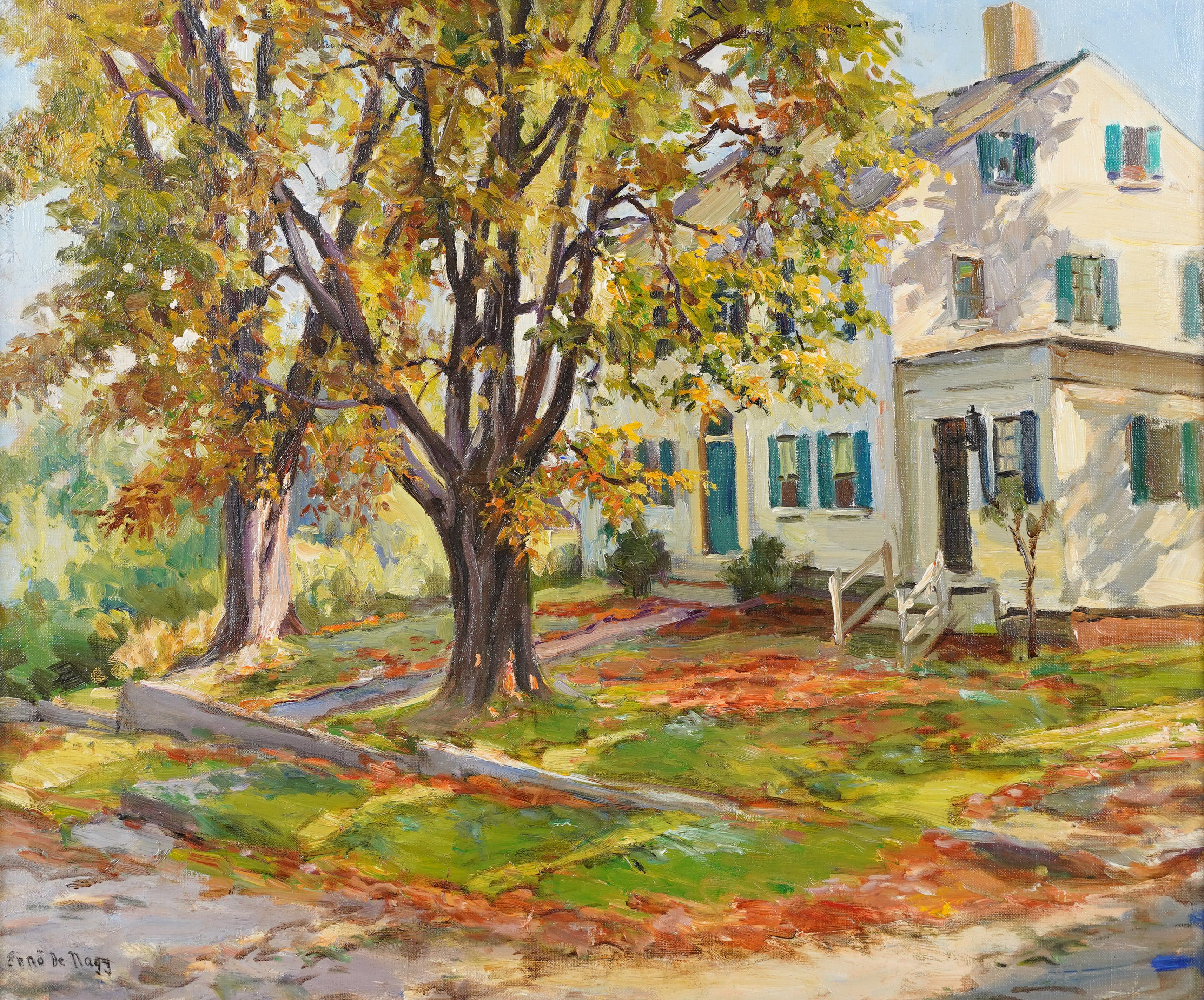 Antique Large Signed American Impressionist Framed Fall Landscape Oil Painting - Brown Landscape Painting by ernest de nagy