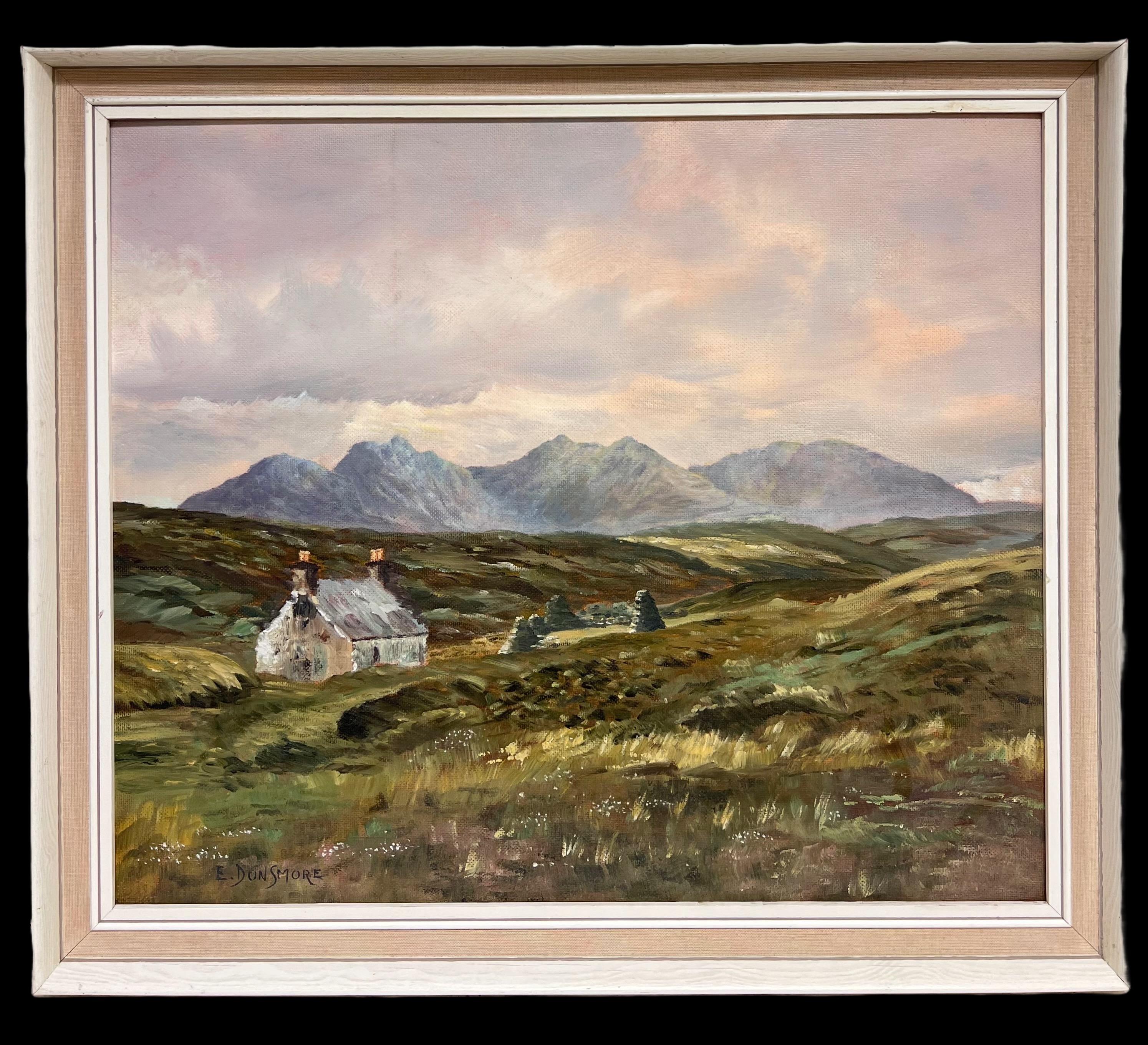 Große schottische Ölgemälde Bothy Cottage Wester Ross Windgepeitschte Landschaft – Painting von Ernest Dunsmore