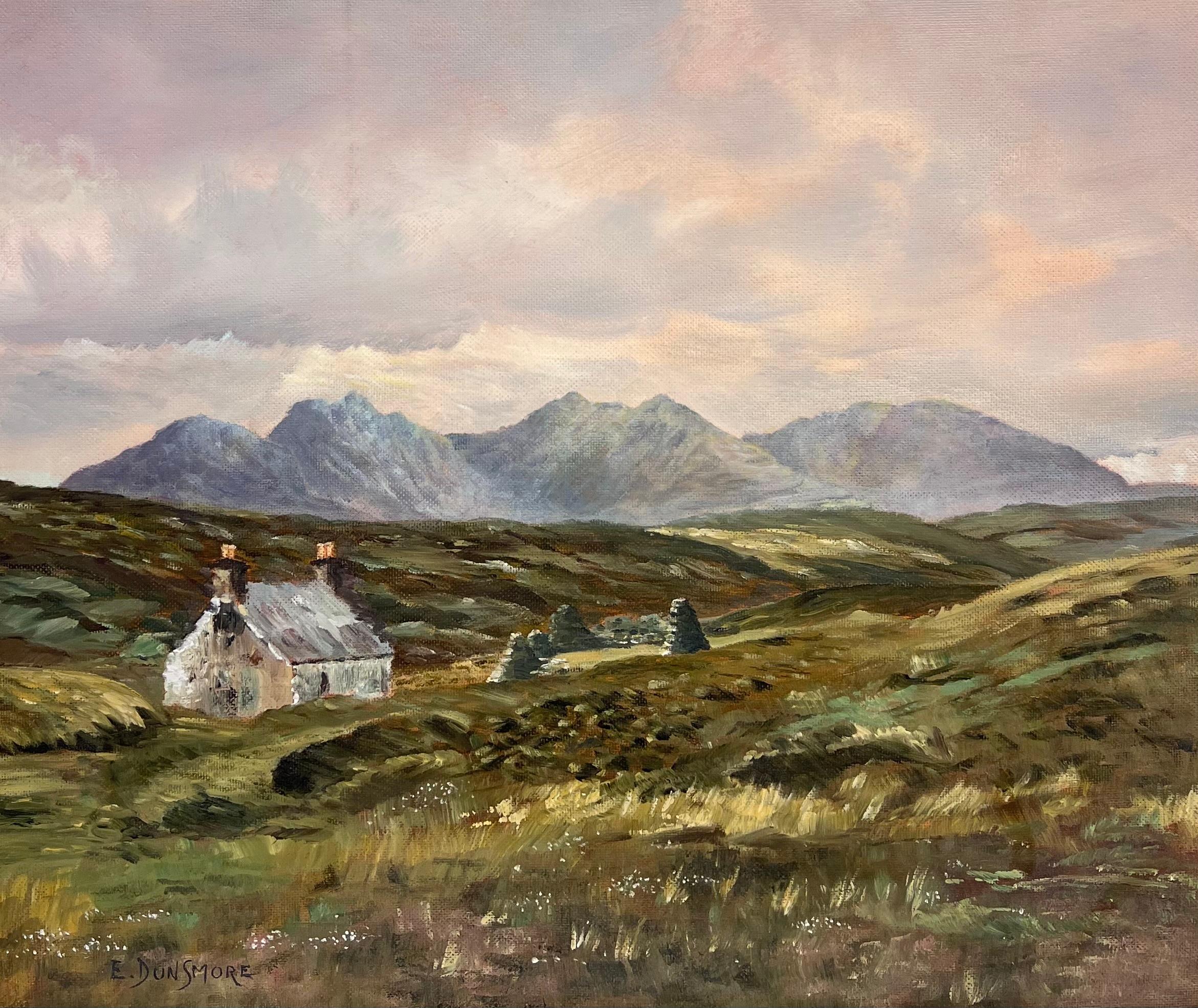 Ernest Dunsmore Landscape Painting – Große schottische Ölgemälde Bothy Cottage Wester Ross Windgepeitschte Landschaft