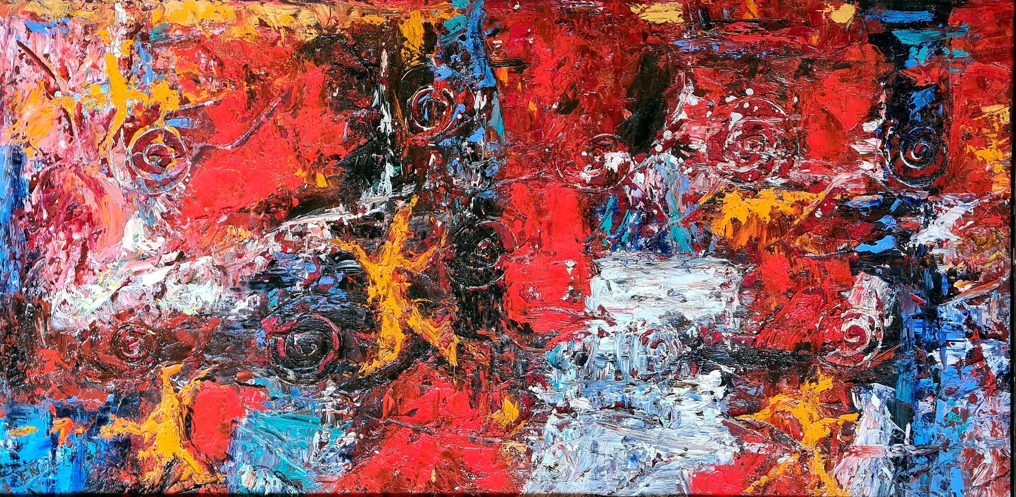 Olio astratto espressionista di grandi dimensioni su tela, Sinfonia di convergenza in rosso e arancio - Painting di Ernest Engel-Pak
