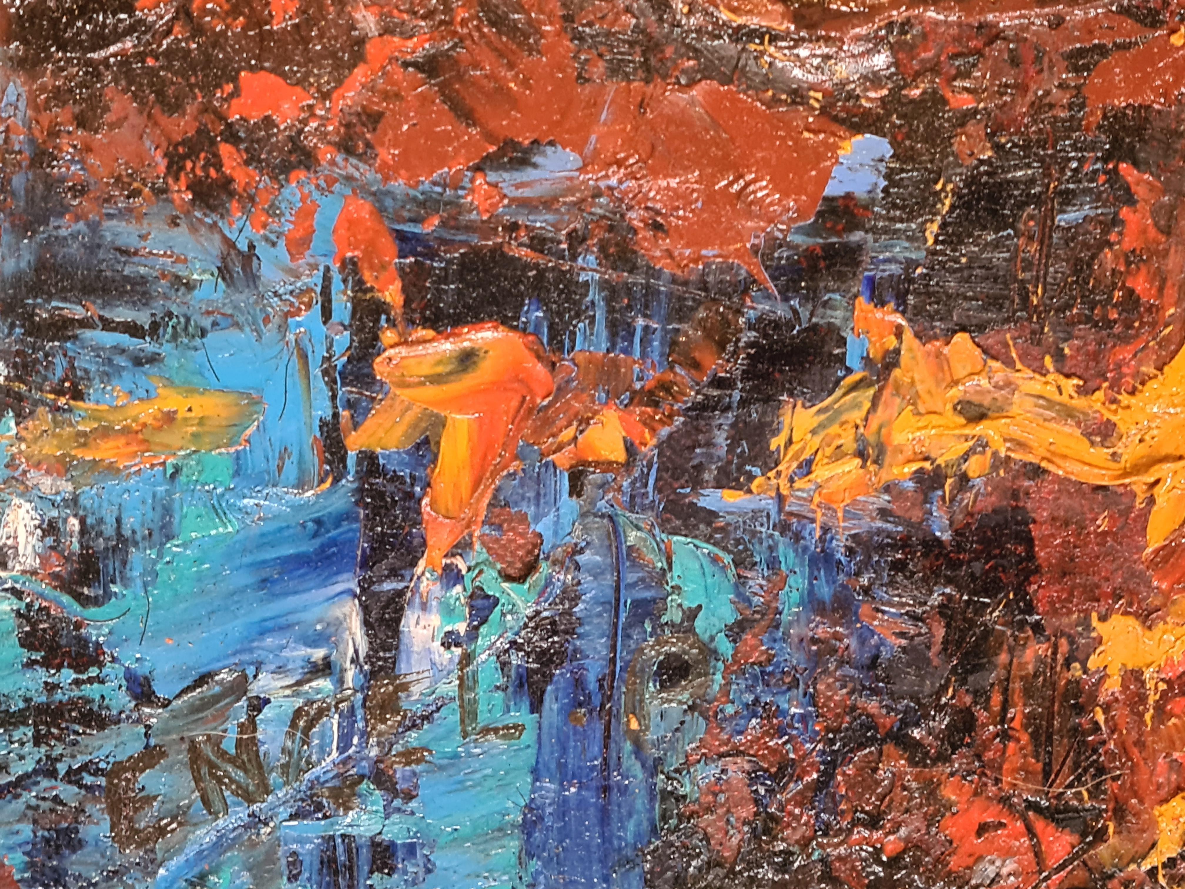 Olio astratto espressionista di grandi dimensioni su tela, Sinfonia di convergenza in rosso e arancio - Painting Espressionismo astratto di Ernest Engel-Pak