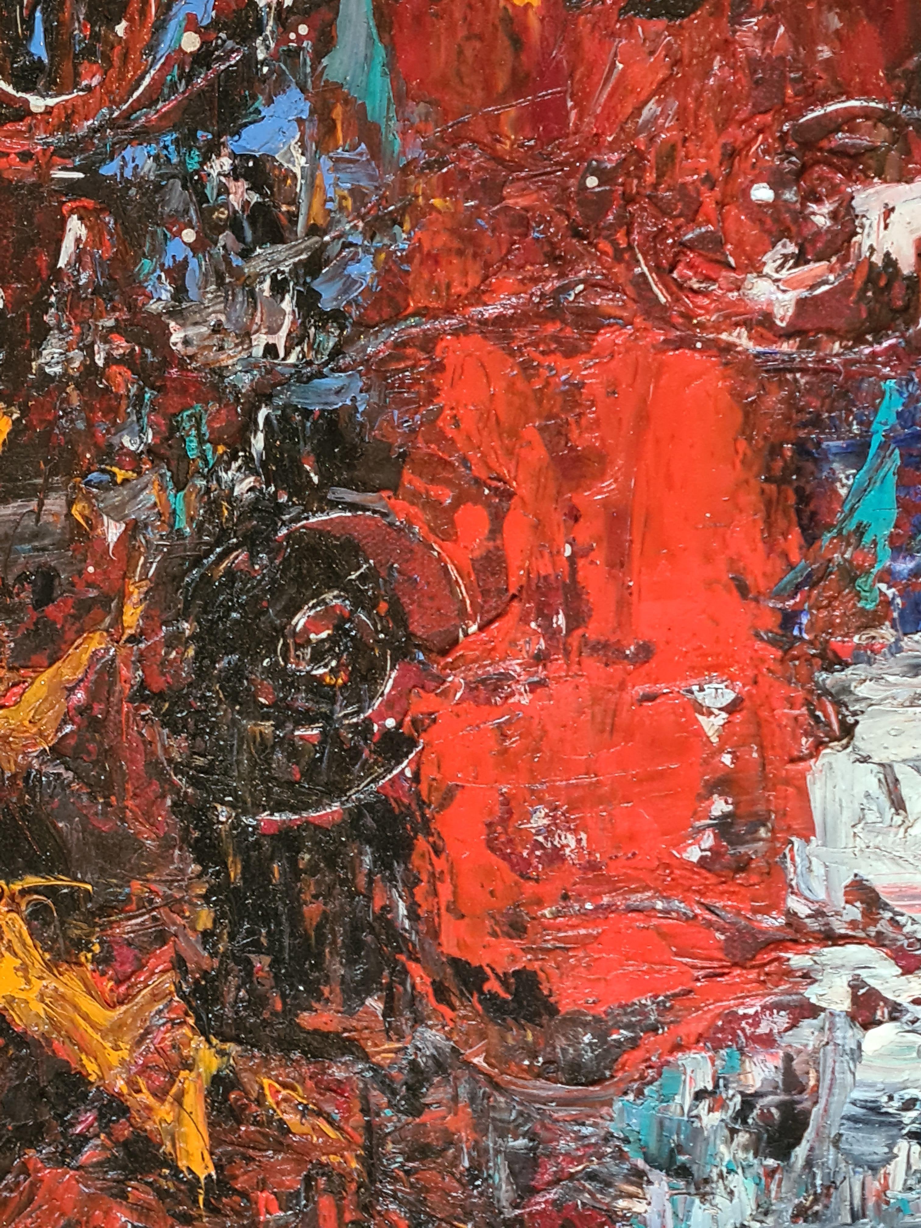 Olio astratto espressionista di grandi dimensioni su tela, Sinfonia di convergenza in rosso e arancio - Abstract Painting Marrone di Ernest Engel-Pak