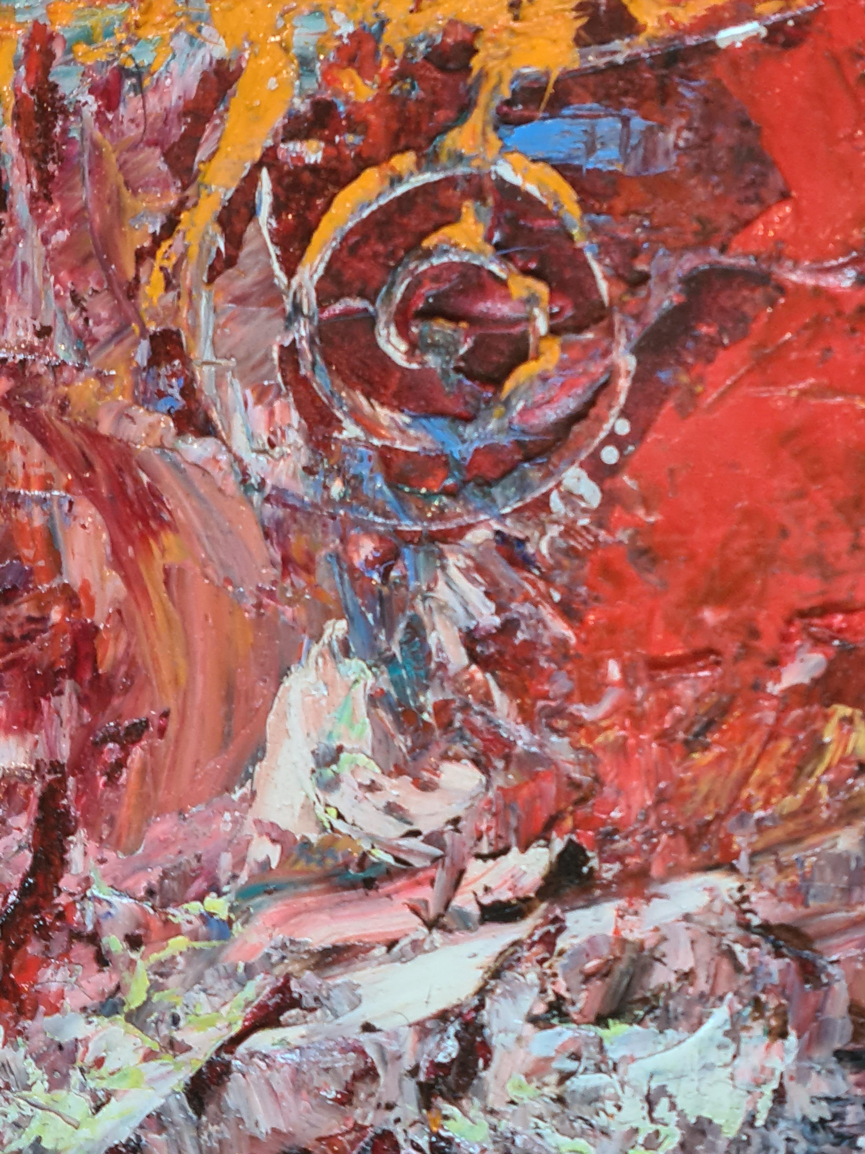 Un grande olio su tela dell'Espressionismo Astratto di metà secolo del noto artista belga Ernest Engels-Pak. Il dipinto è firmato in basso a sinistra. Presentato in una moderna cornice nera e argento.

Una potente esplosione di colori e texture: