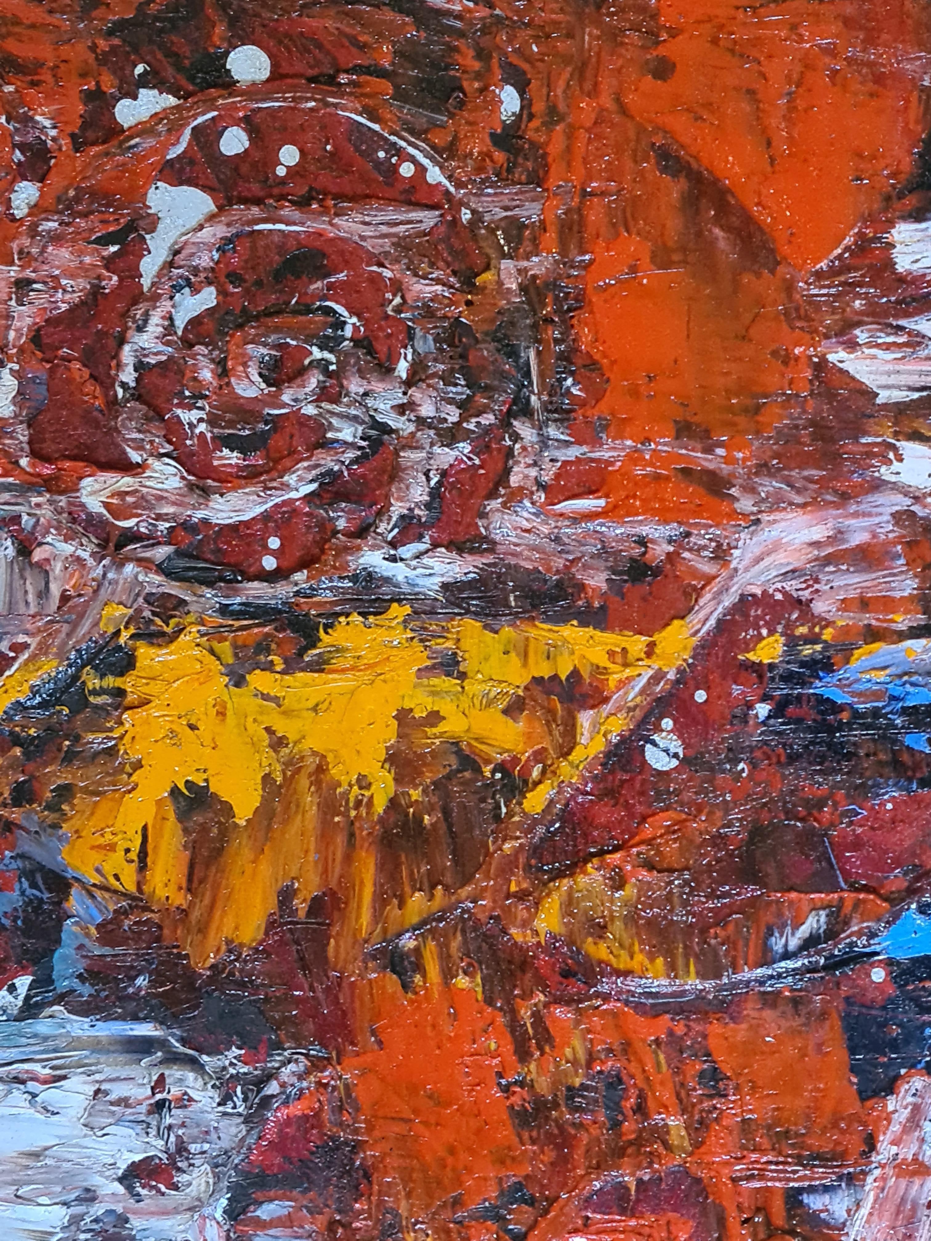 Olio astratto espressionista di grandi dimensioni su tela, Sinfonia di convergenza in rosso e arancio in vendita 1