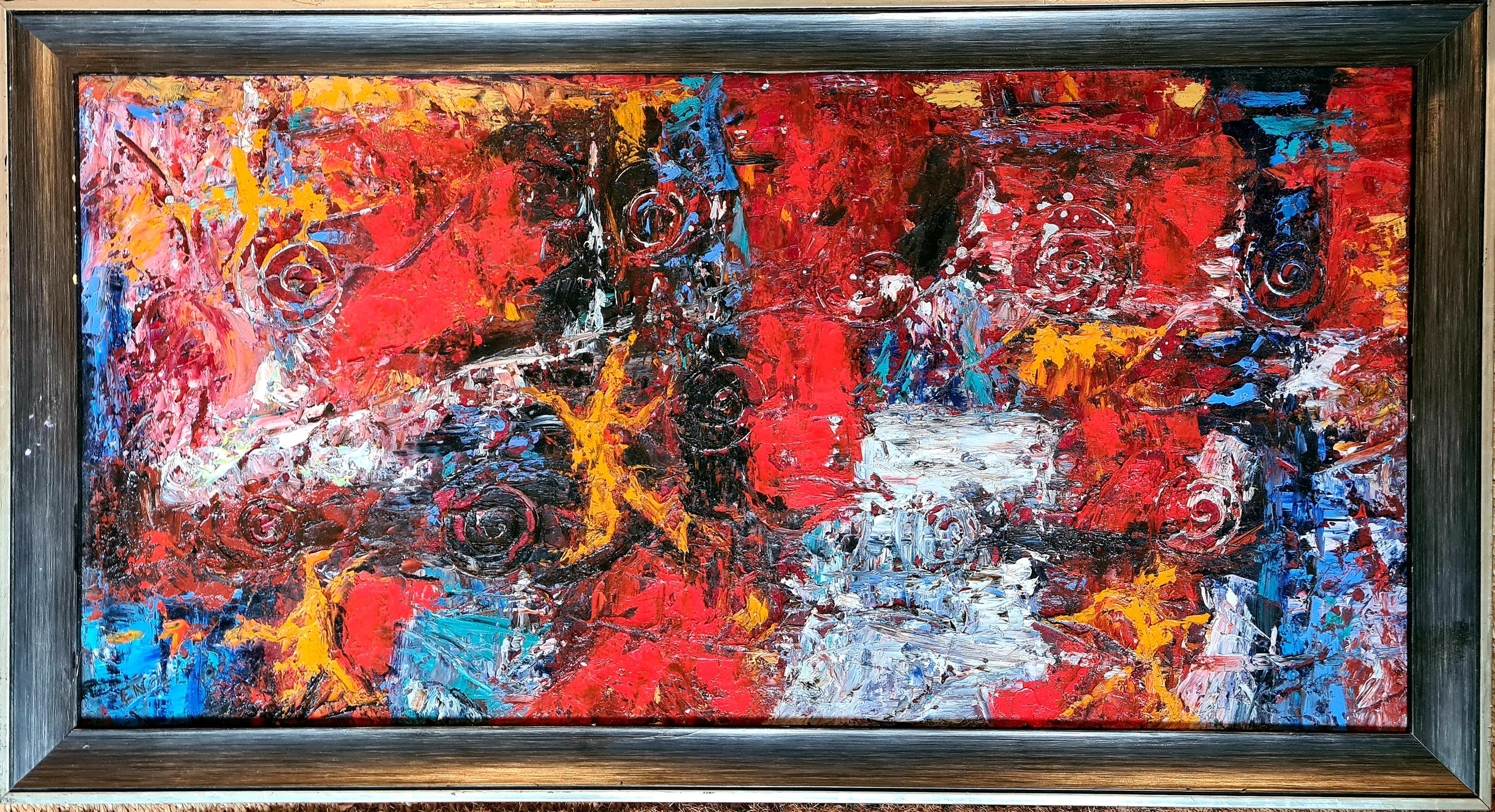 Abstract Painting di Ernest Engel-Pak - Olio astratto espressionista di grandi dimensioni su tela, Sinfonia di convergenza in rosso e arancio