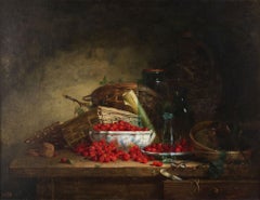 Antique Oil on Canvas Signed Painting: 'Still Life of Cherries and Baskets'