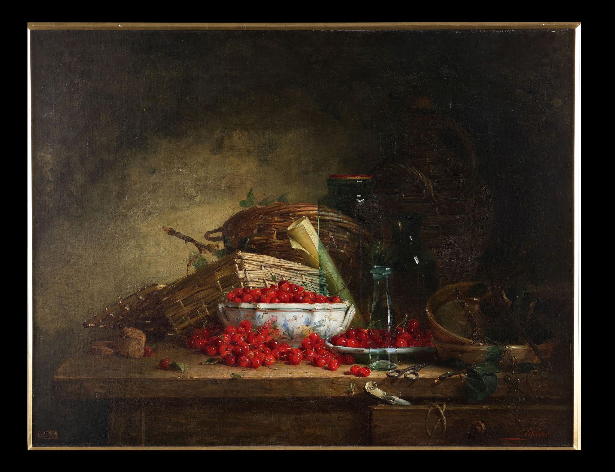 Ernest Eugène Lefebvre Still-Life Painting - Antique Oil on Canvas Signed Painting: 'Still Life of Cherries and Baskets'