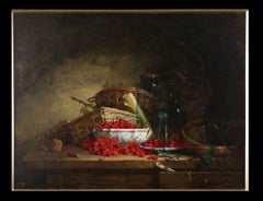 Antique Oil on Canvas Signed Painting: 'Still Life of Cherries and Baskets'