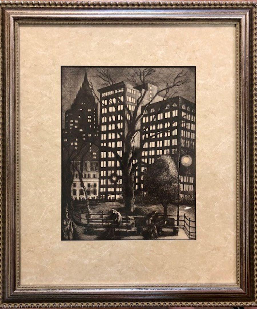 Ernest Fiene  Landscape Print - City Lights (Madison Square Park), 1932
