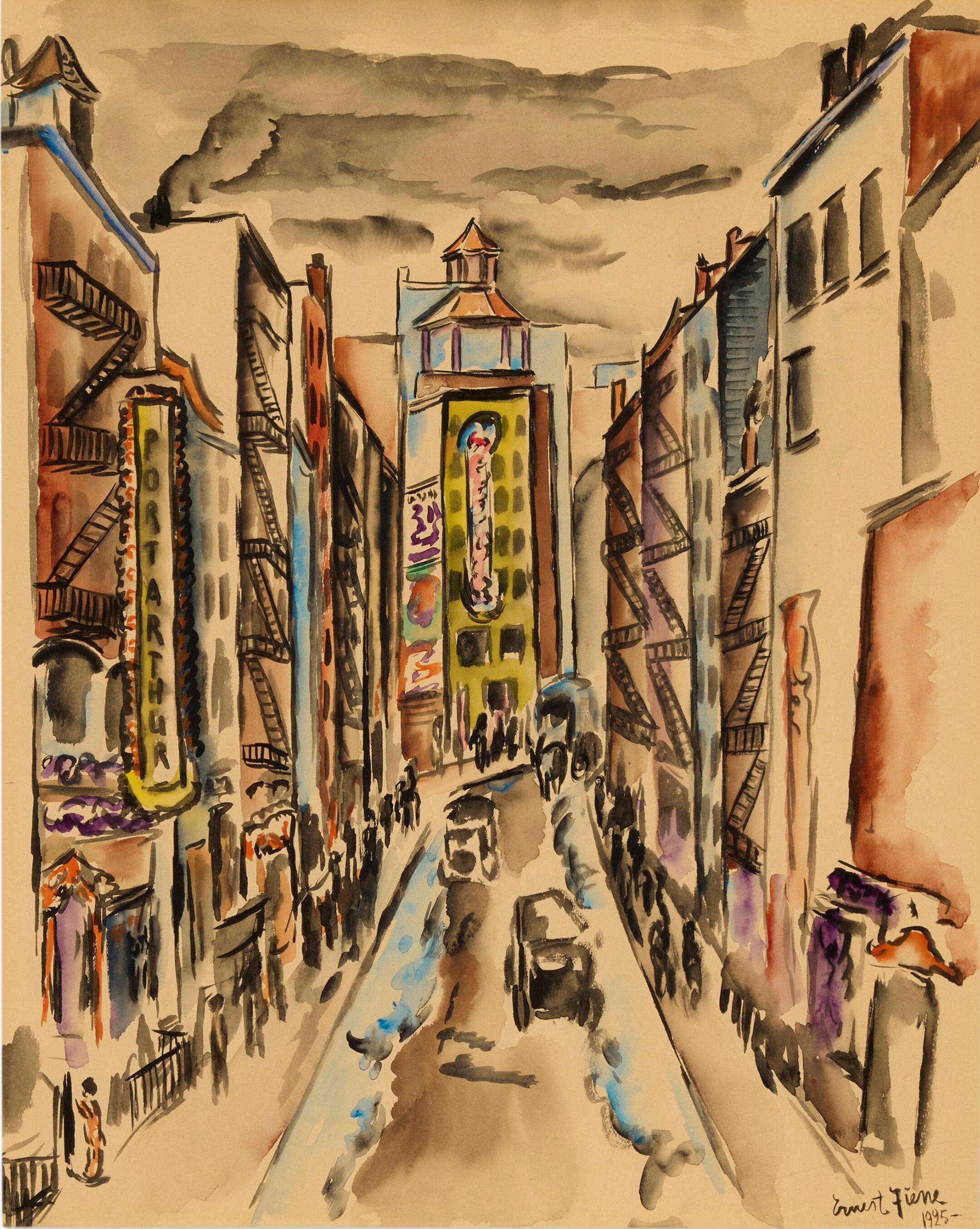 Ernest Fiene, 1925, aquarelle moderniste sur papier - Scène de ville chinoise