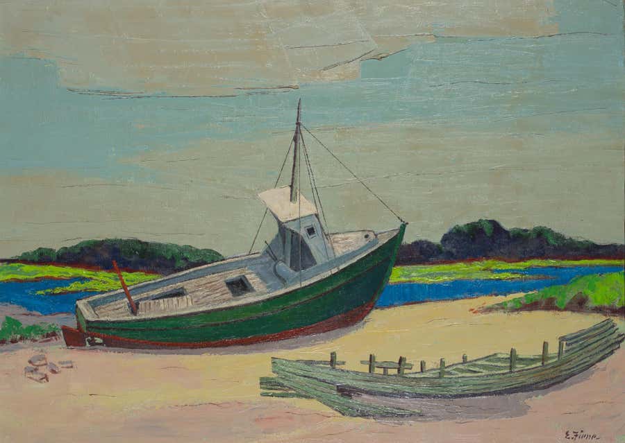 "Low Tide at Noon, Wellfleet, Massachusetts, " Ernest Fiene, WPA, Boat on Beach